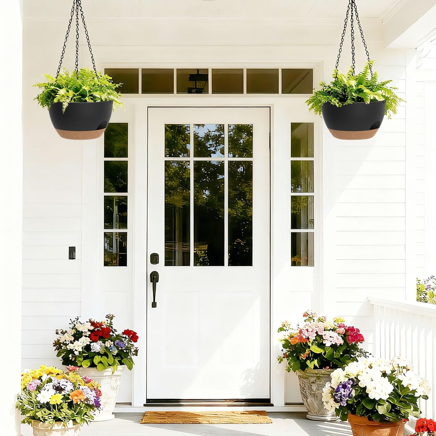 SQKH 8 Inch Hanging Planters for Indoor Outdoor Plants, 4 Pack Black Brown Plastic Self Watering Hanging Baskets with Drainage Holes and Chain for Garden Porch