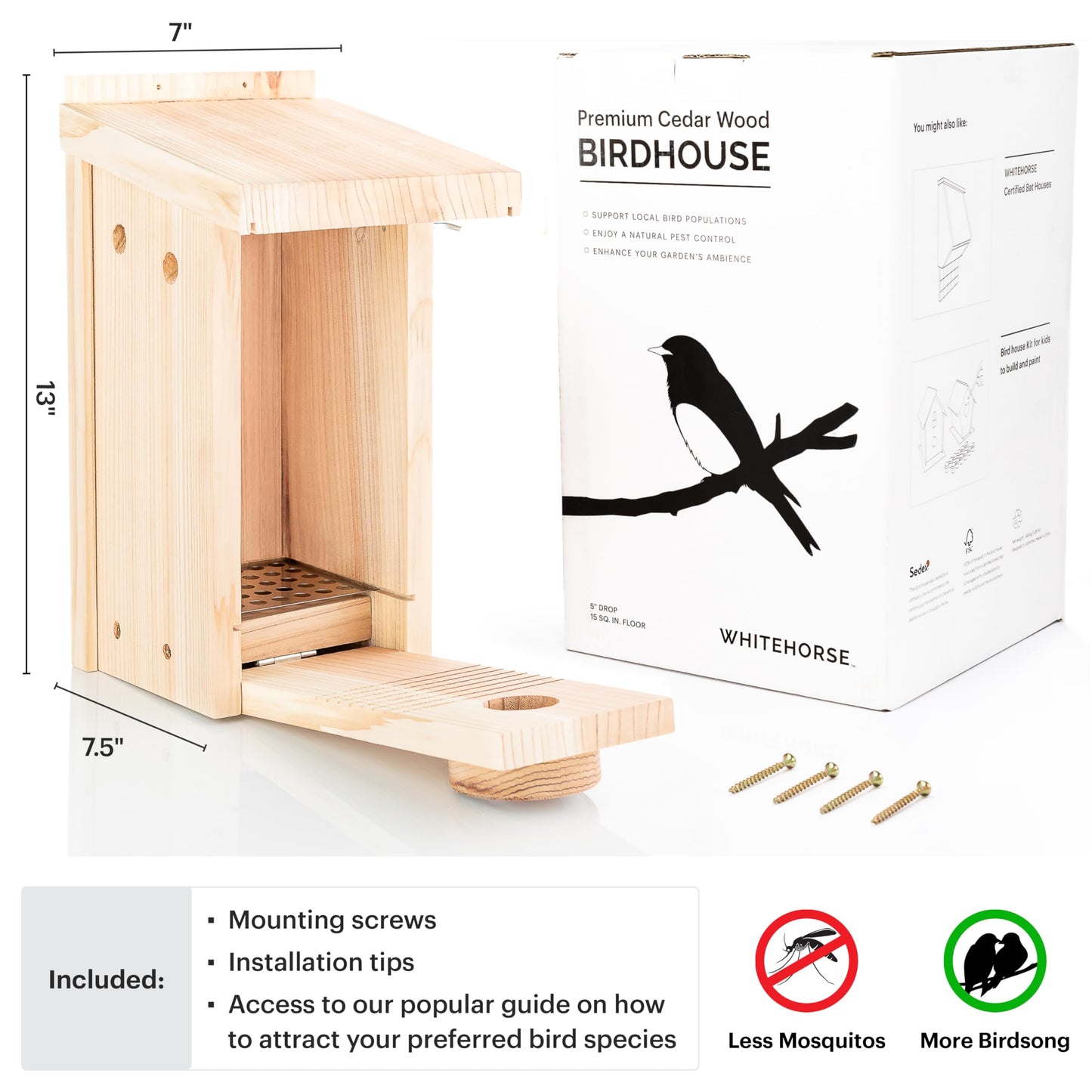WHITEHORSE Bluebird House - Weatherproof Bird House for Outdoors - Cedar Birdhouse Built to NABS Specs - Nest Box for Bluebirds, Chickadees, Titmice, Wrens, Nuthatches & More (15” Floor)