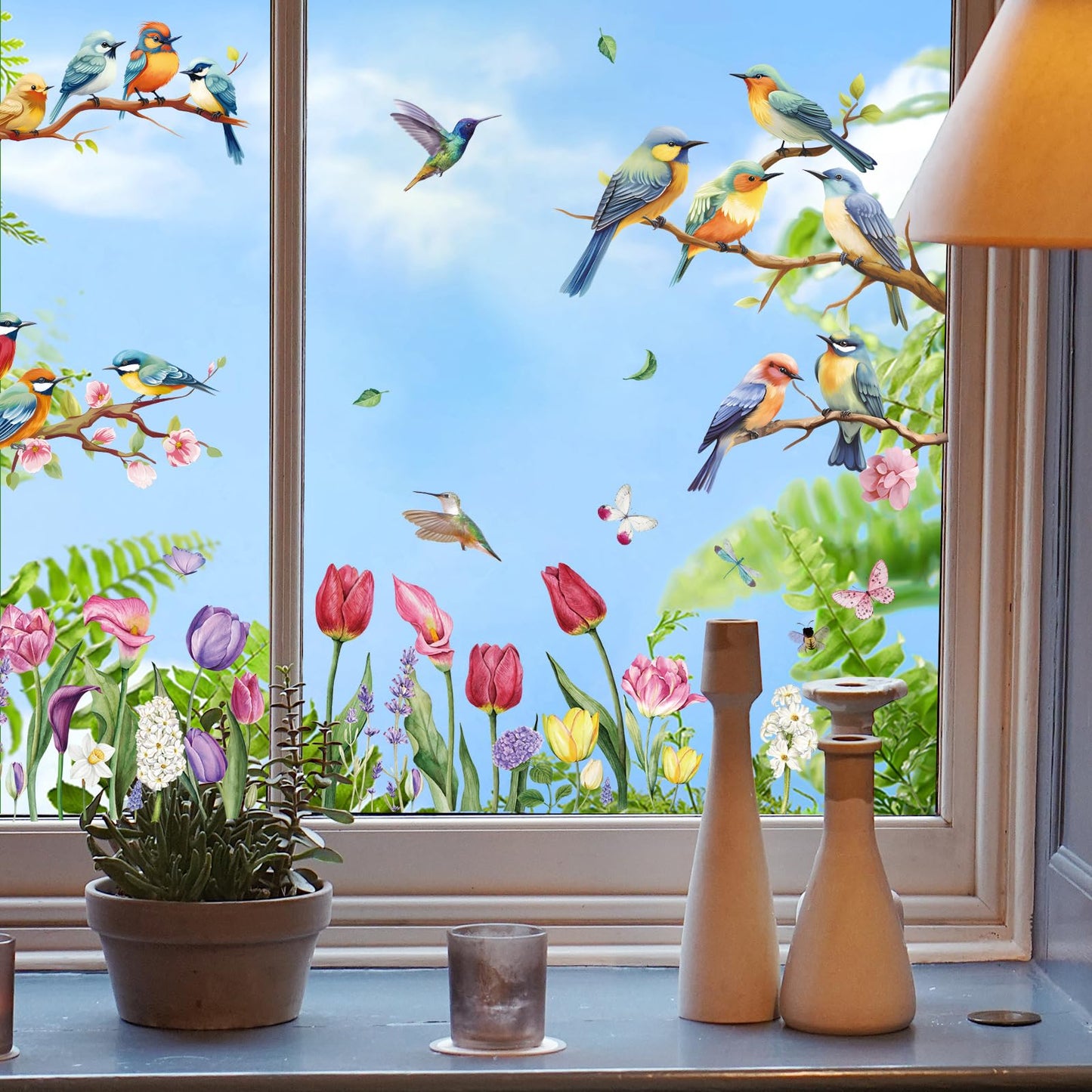 Hianjoo 9 Sheets 76 PCS Tulip Window Clings with Bird Branch Butterfly Double Sided Reusable Spring Holiday Decorations for Room Office