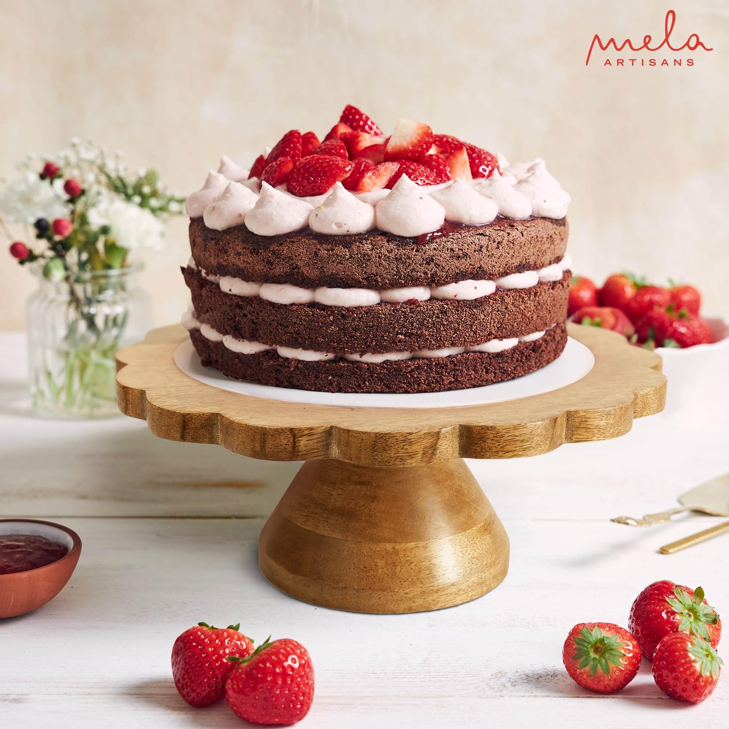 Mela Artisans Wooden Cake Stand 12 Inch | Natural Finish Mango Wood Pedestal Riser | Footed Cupcake & Dessert Stand | Multipurpose Cake Display for Home Decor | Dining Table | Pastries