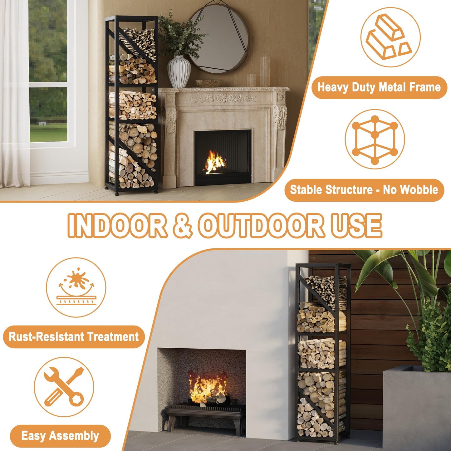 Wakeyard 47 Inch Tall Indoor Firewood Rack Outdoor, 5-Tier Functional Fireplace Log Holder, Heavy Duty Metal Firewood Storage Rack, Decorative Log Organizer, Anti-Rust Coating, Adjustable Pads