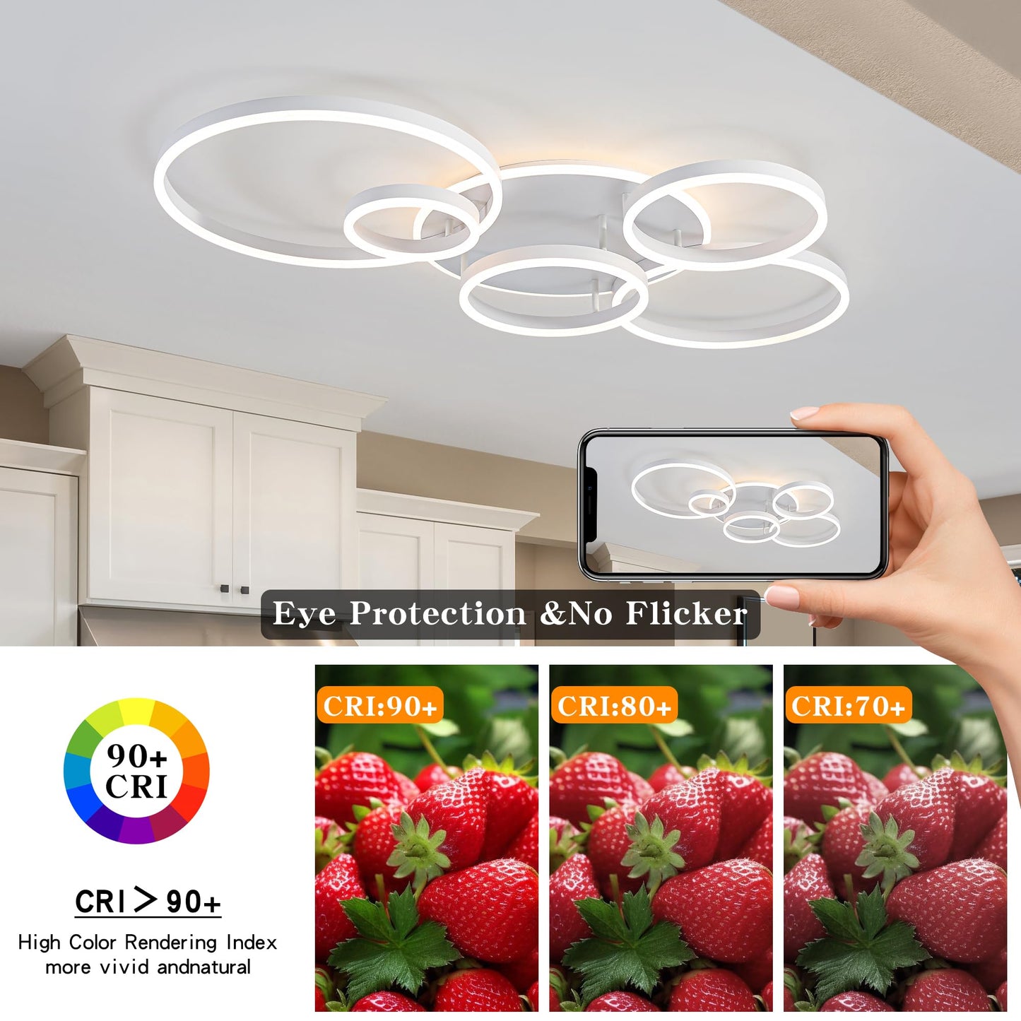 O'NEELDY Modern LED Ceiling Light White Flush Mount Ceiling Lights Fixtures Dimmable 47" Dining Room Light Fixture with Remote 6 Rings Kitchen Lighting Fixtures Ceiling Lamp for Bedroom,Living Room