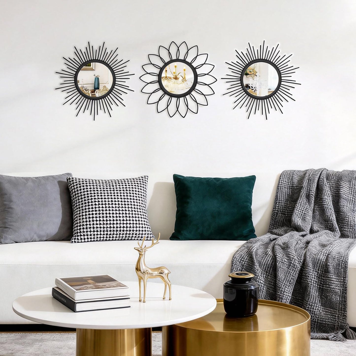 HMANGE Set of 3 Black Metal Sunburst Wall Mirrors - 12" Round Decorative Art for Living Room Bedroom Bathroom Entryway, No Assembly Required, Rust Resistant Design
