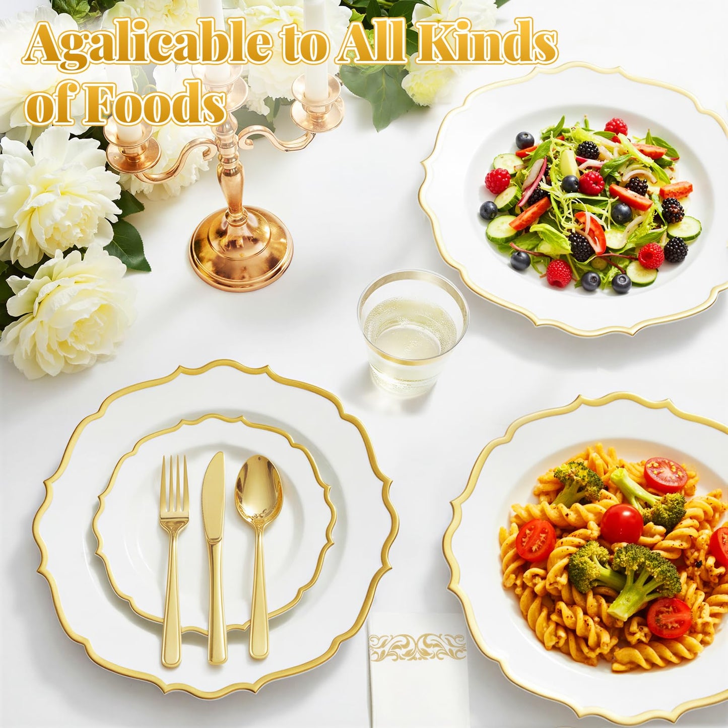 Glowserve 175 Plastic Dinnerware Set Gold Disposable Dinnerware Set for 25 Guests Include 50 Plastic Plates 25 Silverware Set 25 Cups and 25 Napkins for Mother's Day Party Wedding Birthday