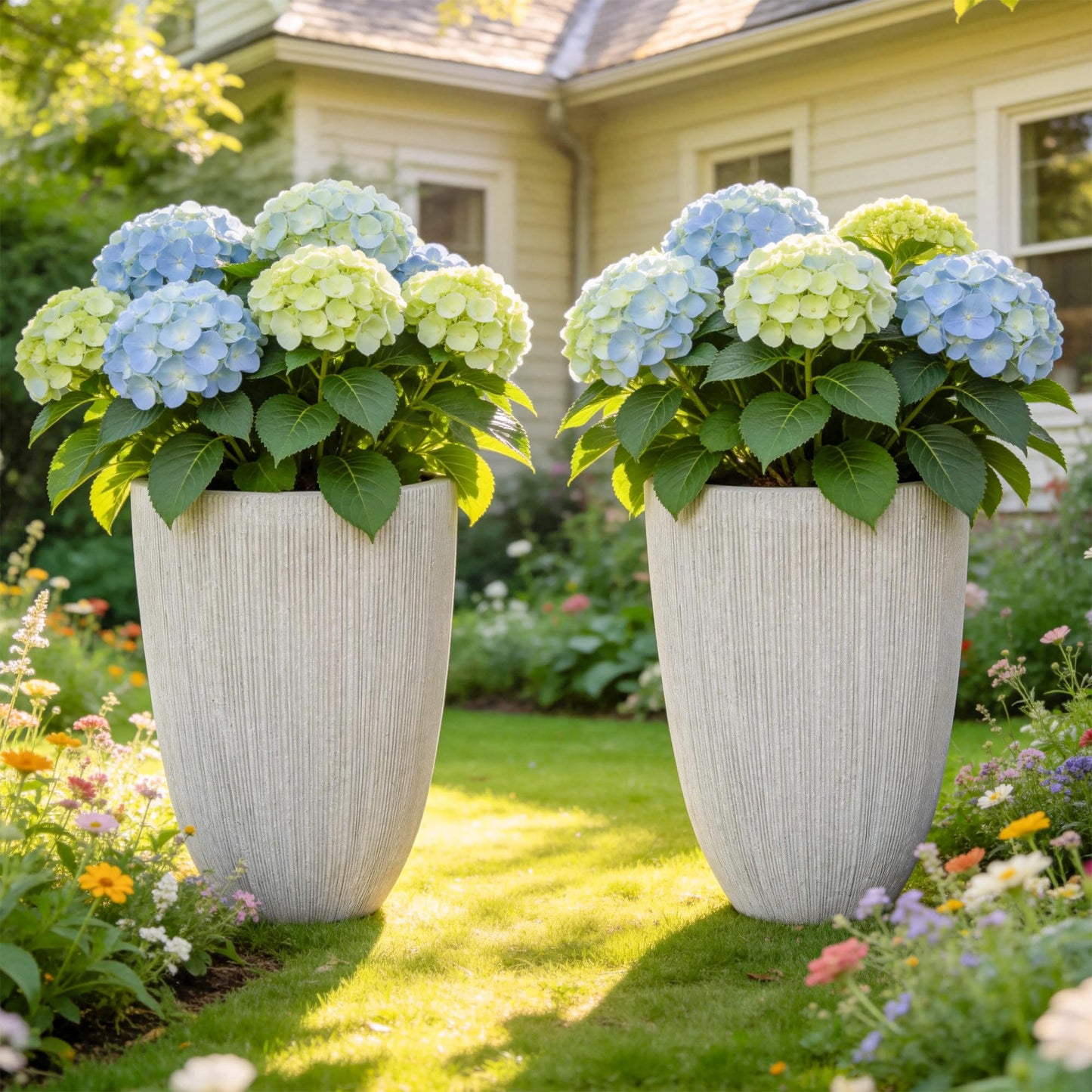 Ultym 19" Tall Beige Fluted Planters for Indoor & Outdoor, Set of 2 Large Mediterranean-Style Resin Flower Pots with Drainage Holes, UV & Weather Resistant for Patio Porch Home Office Decor
