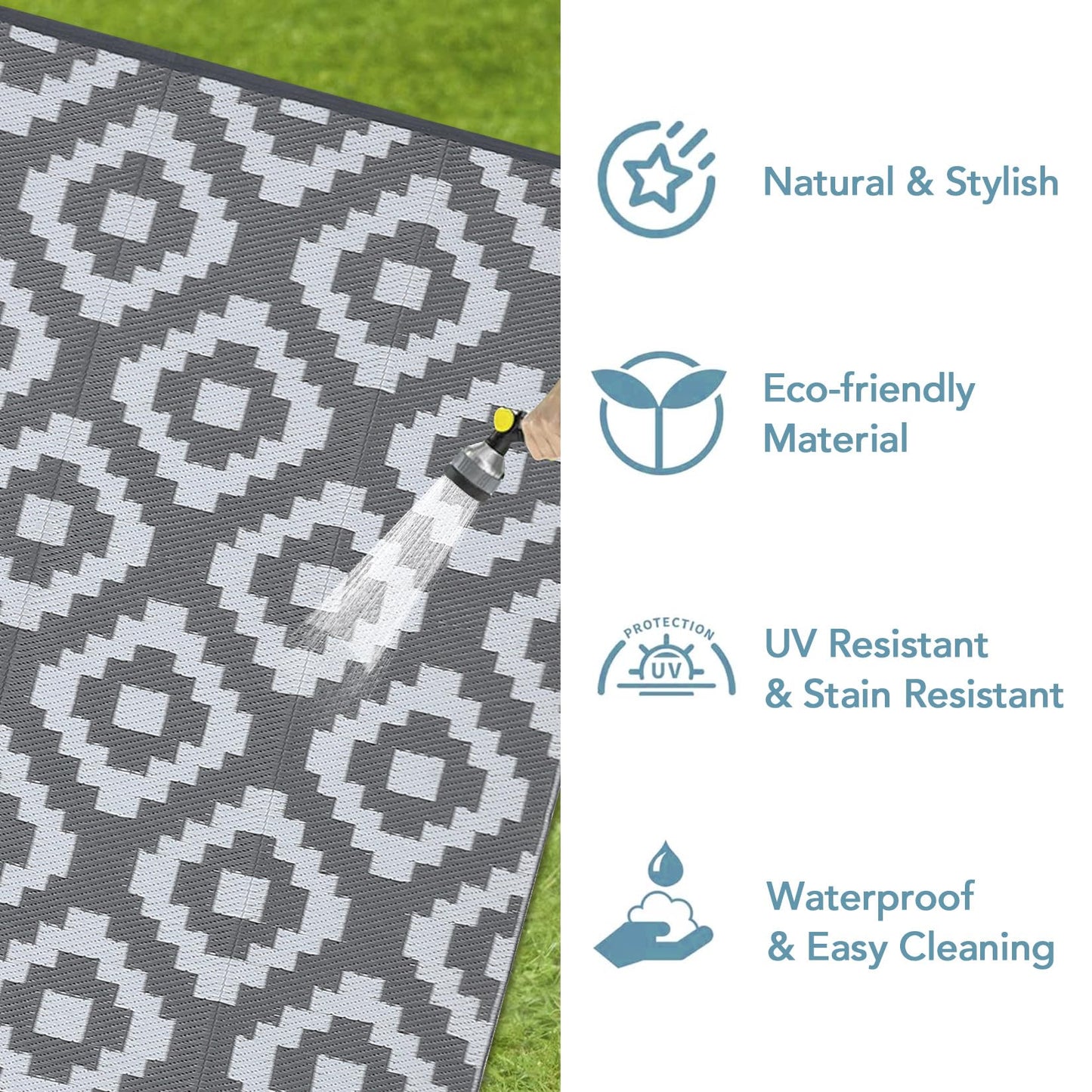 GAOMON Outdoor Rug 8x10 Area Rugs for Patio Waterproof Plastic Straw Rug Reversible Patio Rugs RV Camping Outdoor Carpet for Porch Patio Outside RV Deck Balcony Picnic Beach Decor Square-Grey/White