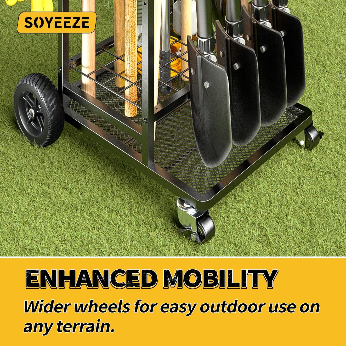 SOYEEZE Garden Tool Organizer with Large Wheels, Heavy Duty 3-Tier Yard Tower Tool Rack for Garage, Holds Up to 35 Long-Handled Tools, Garden Tool Cart with 12 Hooks for Tool Organization Storage