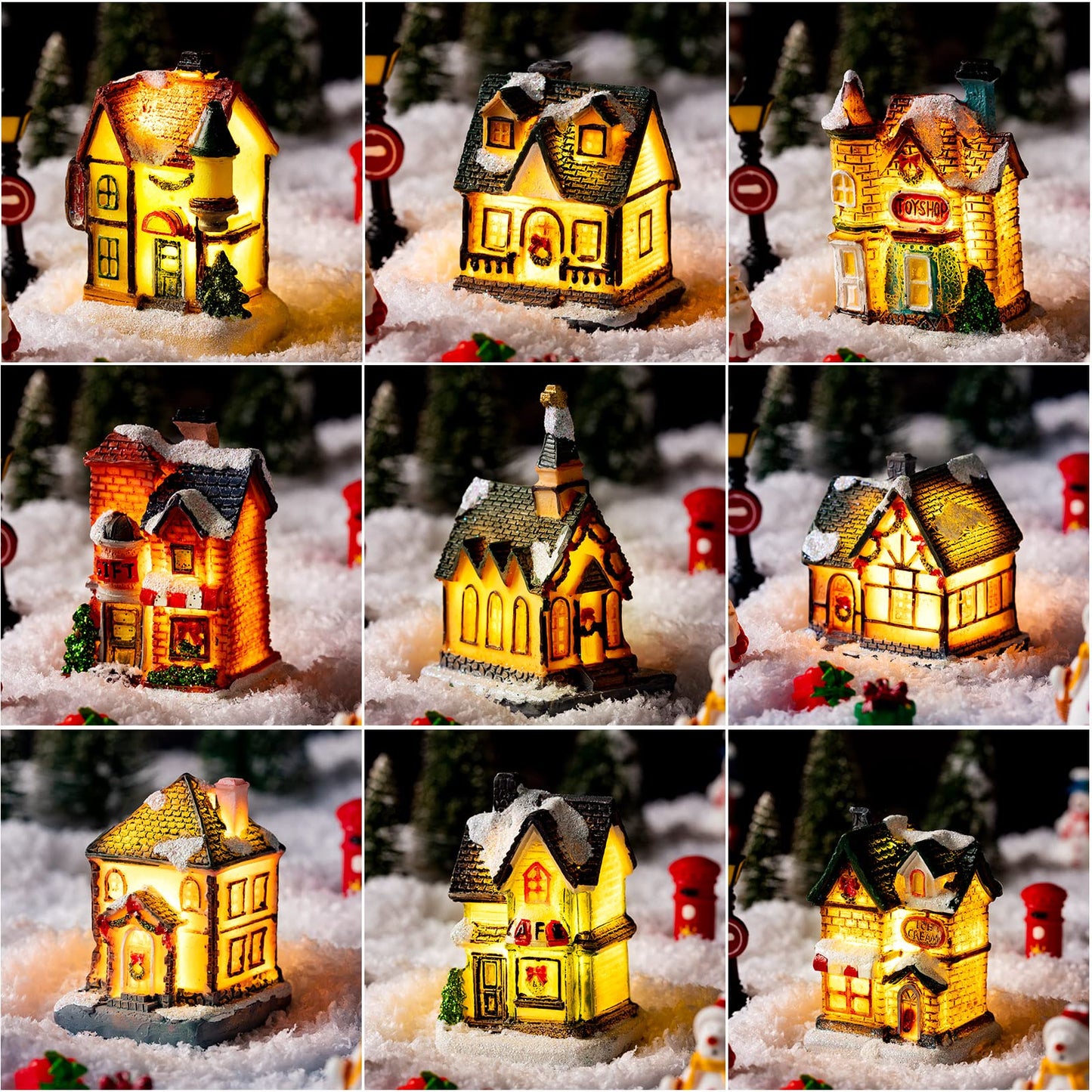 Vinsot 30 Pcs Christmas Village Sets Light Up Christmas Town LED Tiny Resin Village Figurines Collection Display Xmas Table Decor Ornaments