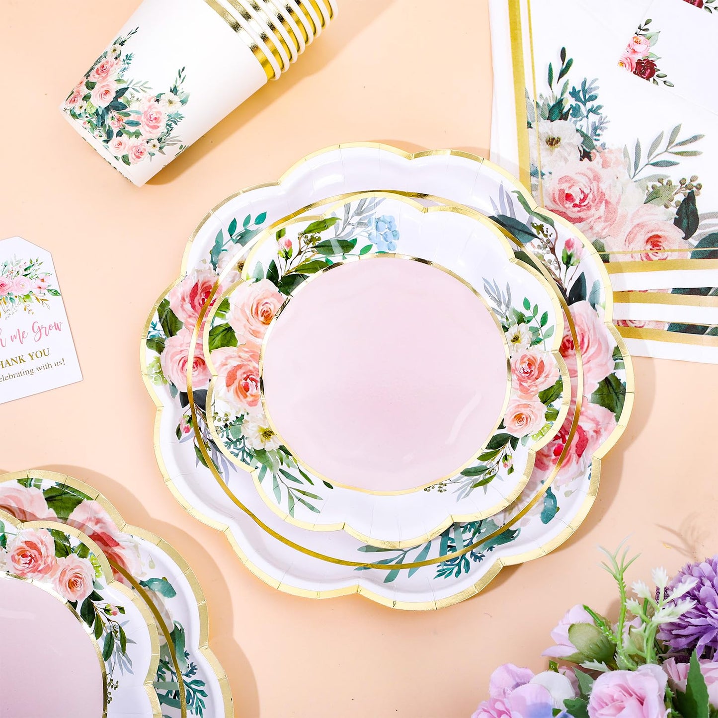 Whaline 100Pcs Pink Floral Paper Tableware Set Spring Flower Gold Foil Disposable Dinnerware Scalloped Plates Napkins and Cups for Wedding Birthday Baby Bridal Shower Party Supplies Table Decor