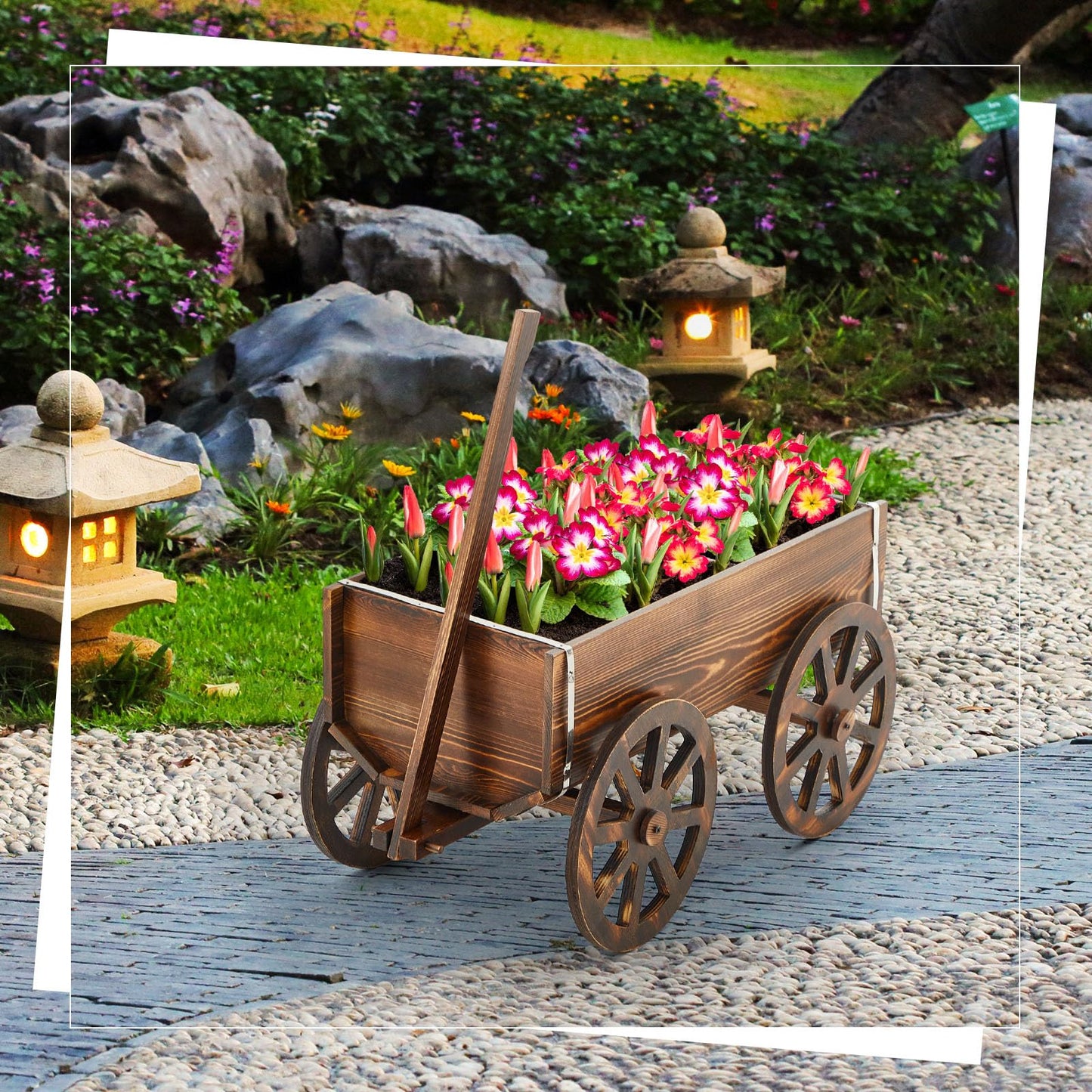 Beeveer Wooden Wagon Flower Planter Cart Garden Planter Box with Wagon Wheels Cart for Home Garden Outdoor Balcony Decorative, Patio Flowers Herbs Vegetables, Brown 34 x 23.5(Small Classic)