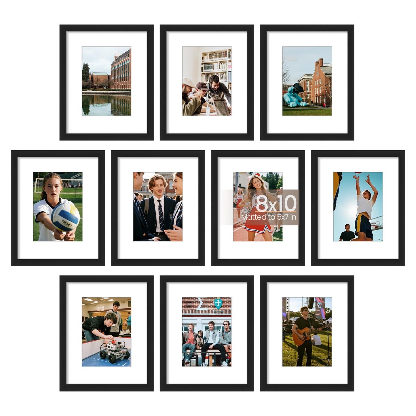 upsimples 8x10 Picture Frame Set of 10, Display Pictures 5x7 with Mat or 8x10 Without, Multi Photo Frames Collage for Wall or Tabletop Display, Black