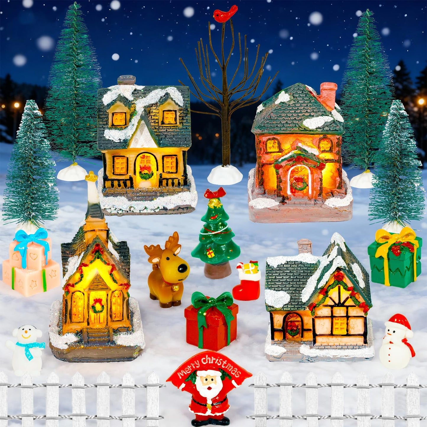 Warmtree 22 Pcs Christmas Village Houses Set, Resin Christmas Scene Village Town, Santa Tree Picket Fence Snow Figurines Accessories for Holiday Home Garden Office Festival Decor