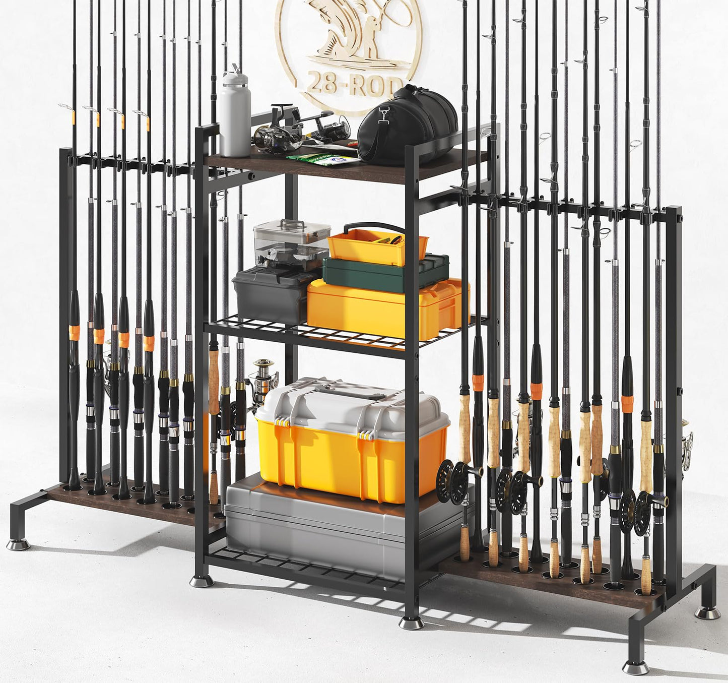 SOYEEZE Fishing Rod Holder for 28 Rods, Ground Stand Fishing Pole Holders for Garage, 3-Sided Vertical Fish Rod Rack for Tackle Box, Fishing Supplies,a Display Fish Gear Storage Gift