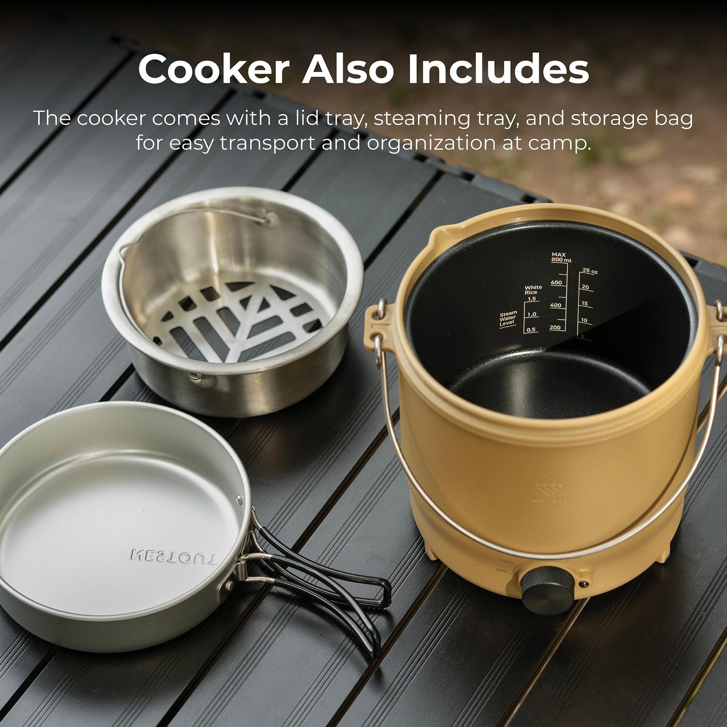 NESTOUT COOKER-1 Electric Cooker 500W Camping Stove, Portable Plug-In for Power Stations, Rice Cooking Mode, 3 Heat Settings, 800ml Capacity, Durable Outdoor Use (Beige)