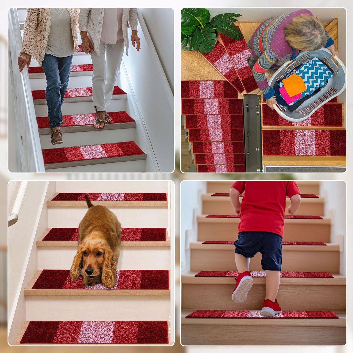 OLANLY Stair Treads Non Slip 15PCS, 8" x 30" Indoor Stair Runners for Wooden Steps, Edging Stair Rugs with Reusable Peel and Stick Adhesive for Kids Elders and Pets, Burgundy