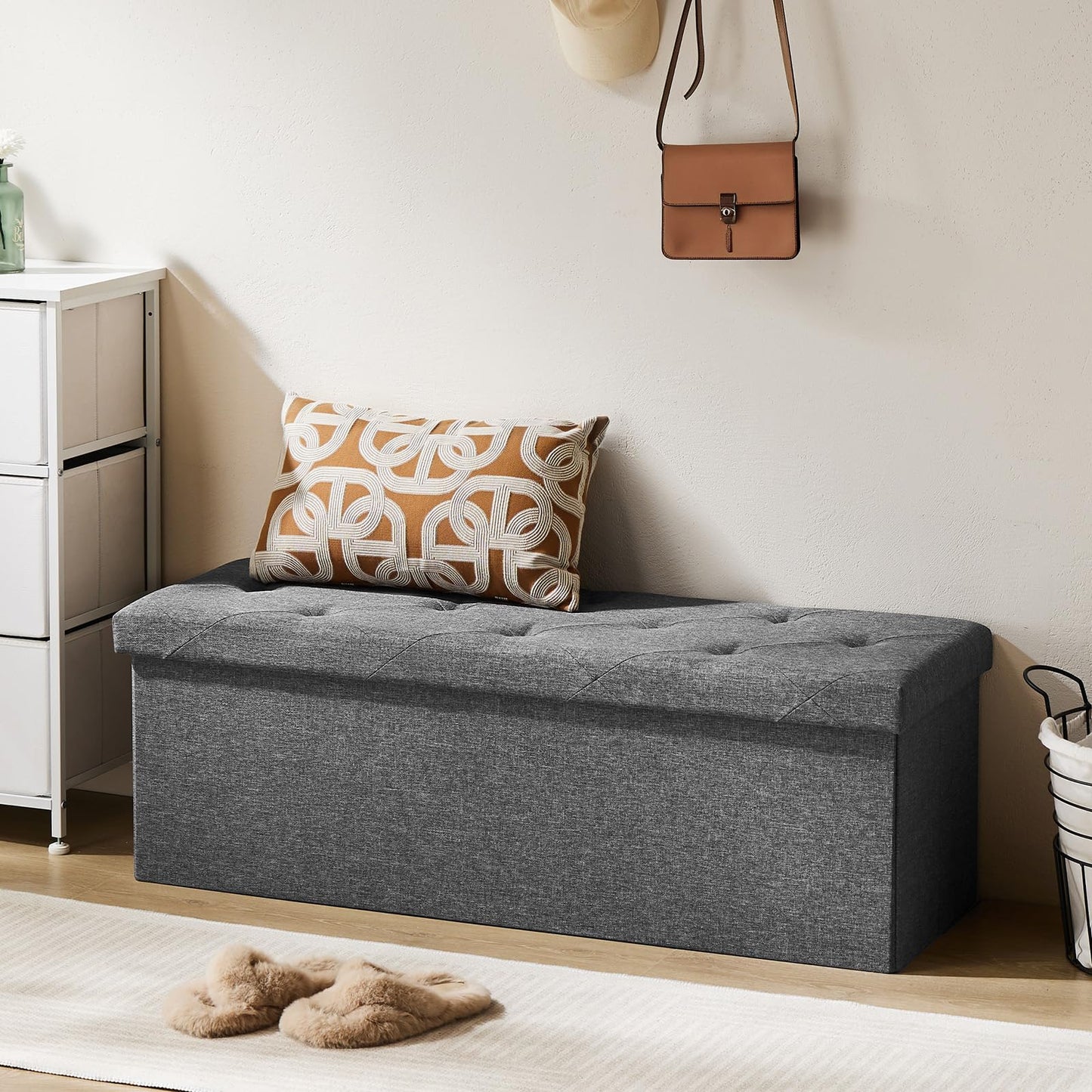 DUMOS 43in Storage Ottoman Bench, Storage Chest, End of Bed Foot Rest Stool with Padded Seat, Bedroom Bench for Living Room, Support 660lbs, Grey