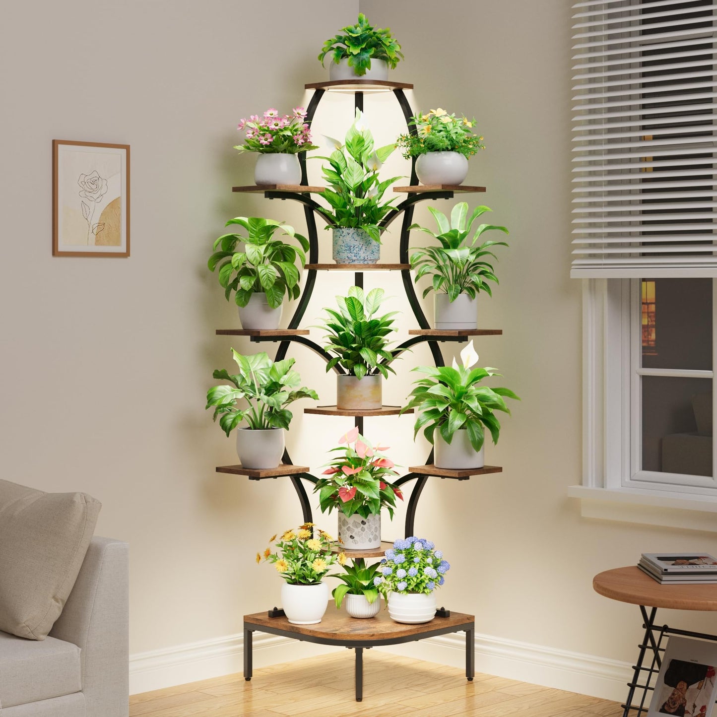 LATIBELL 72'' Tall Corner Plant Stand Indoor with Grow Light - 8 Tiered Metal Plant Shelf for Indoor Plants, Curved Display Rack Capable of Holding Large Pots in Living Room, Patio & Balcony, Black