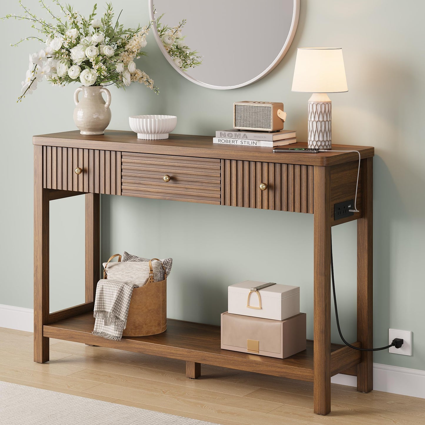 47 Inch Fluted Console Table with Outlets and USB-C Port, Mid Century Modern Sofa Table with 3 Drawers and Open Shelf, Entryway Table with Charging Station for Behind Couch, Hallway, Foyer, Walnut
