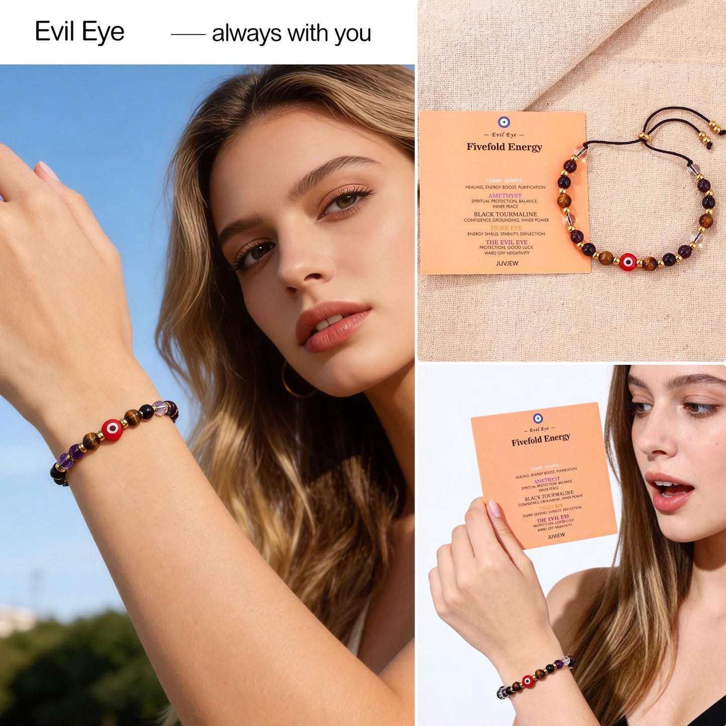 Cute Evil Eye Bracelet Red Black - Natural Crystal Protection Adjustable Spiritual Guardian Jewelry- 5 Healing Stones Clear Quartz Amethyst Black Tourmaline Tiger Eye Bracelet Adjustable (Red Eye-Black Rope)