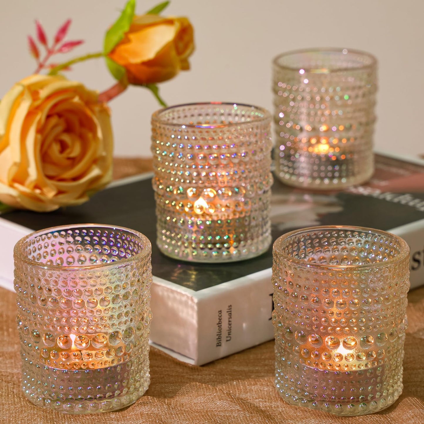 SUPMIND 24 Pcs Votive Candle Holders, Glass Holders Bulk for Table Centerpiece, Tea Lights Candle Holders for Wedding Shower, Party and Home Decor Iridescent