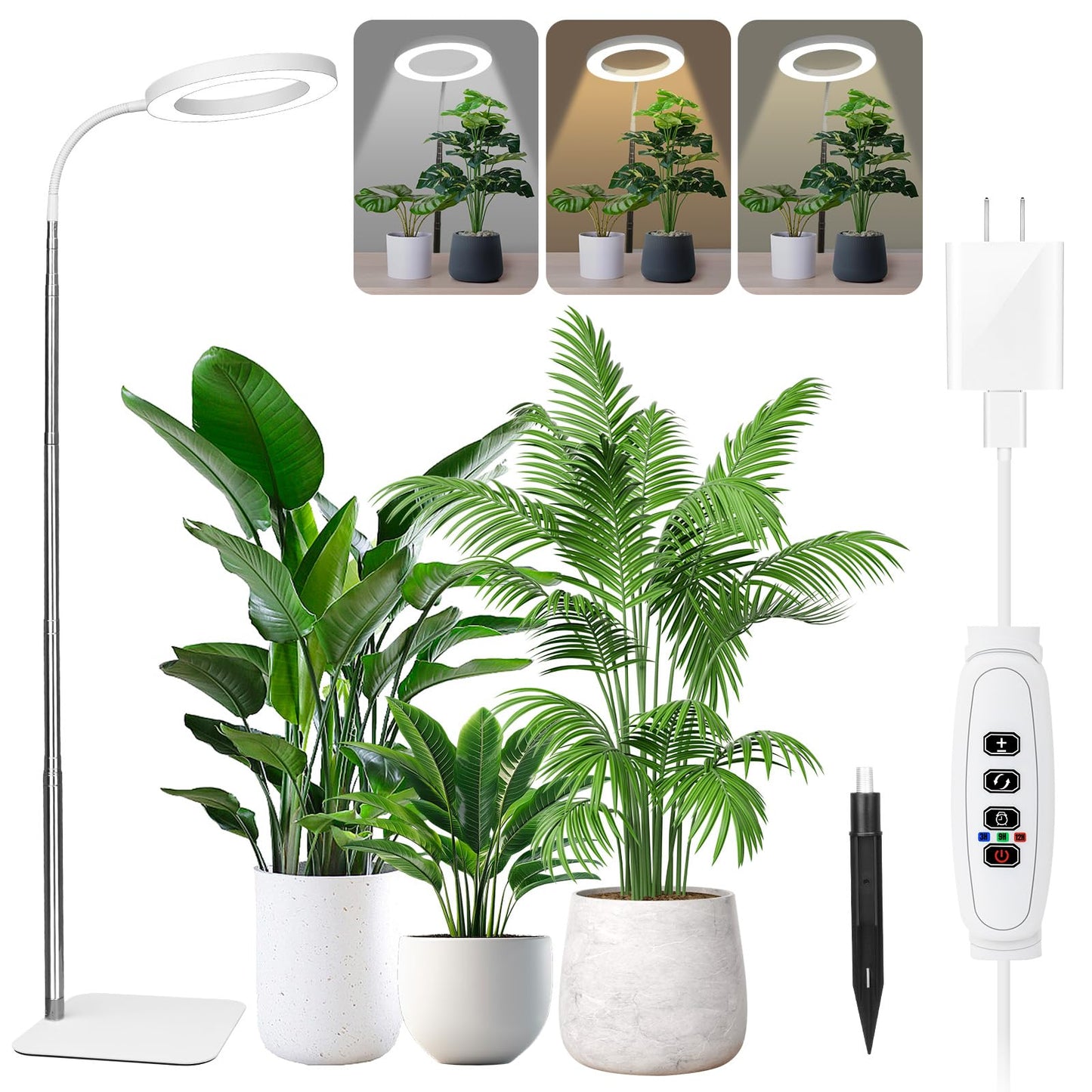 Grow Lights for Indoor Plants - Full Spectrum LED Plant Growing Light with 3H/9H/12H Auto Timer, Height Adjustable (16-67"), 3 Color Modes, 10 Dimming - Sun Lamp for Large Tall Small Plant- White