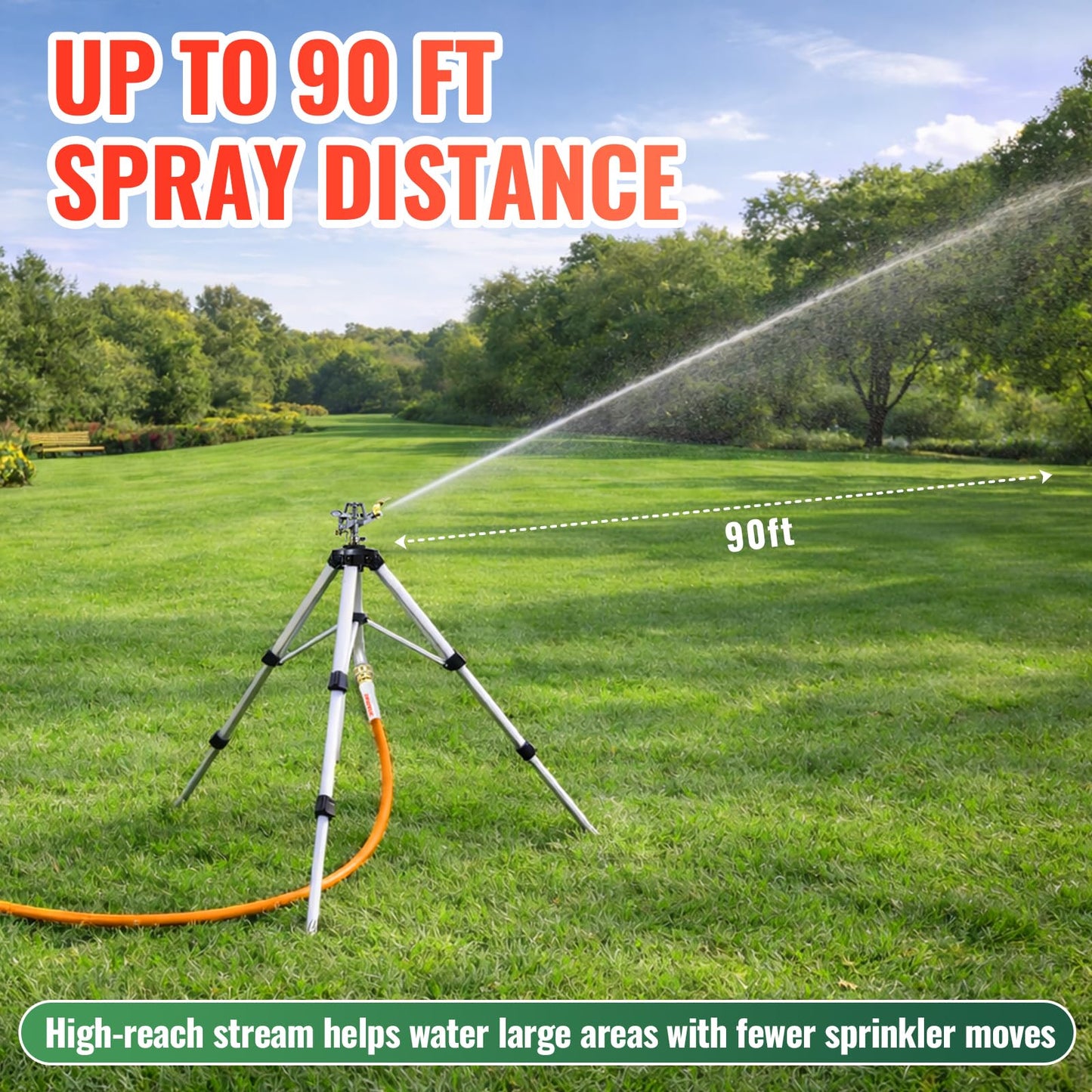 YAMATIC Tripod Impact Sprinkler, Adjustable 21–50 in Lawn Sprinkler with Metal Pulsating Head, Up to 90 ft Spray Distance, 360° Coverage for Large Yard, Garden & Landscape Watering