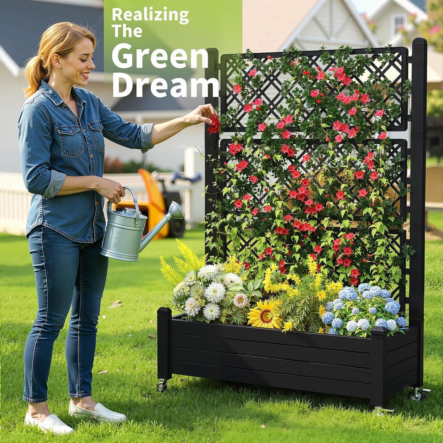 EasyUp Rolling Garden Planter Box with Trellis & Lockable Casters, Outdoor Raised Bed with Drainage & Water Gauge, Durable Resin for Patio, Balcony, Yard, Dust-Proof (Black, 43.43 * 18.27 * 64.29)