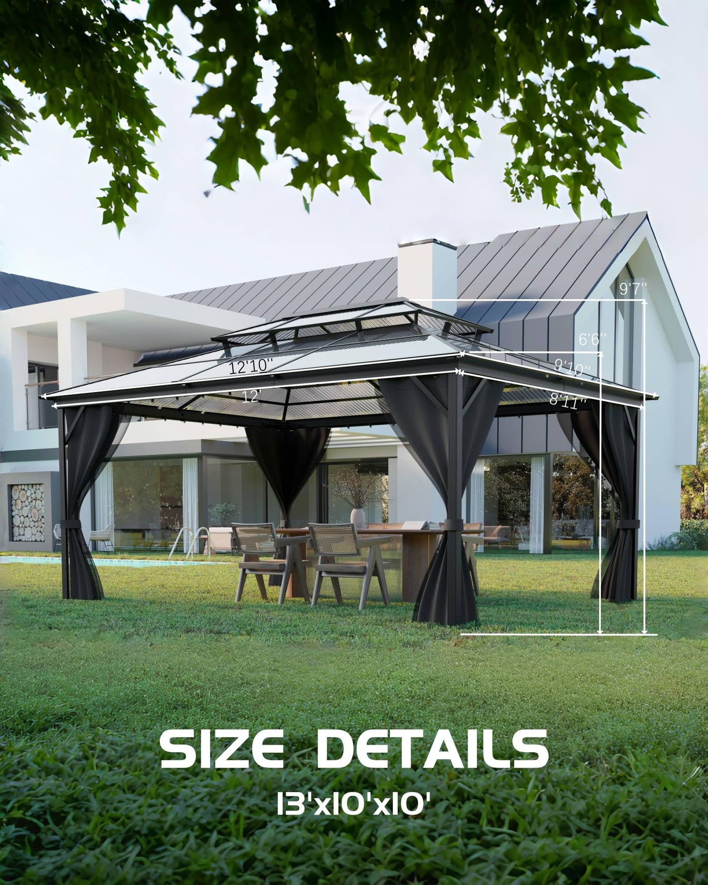 10' x 13' Hardtop Gazebo with Polycarbonate Double Roof, Aluminum Frame Permanent Pavilion with Curtains and Netting, Outdoor Gazebo for Patio Backyard（Gray）