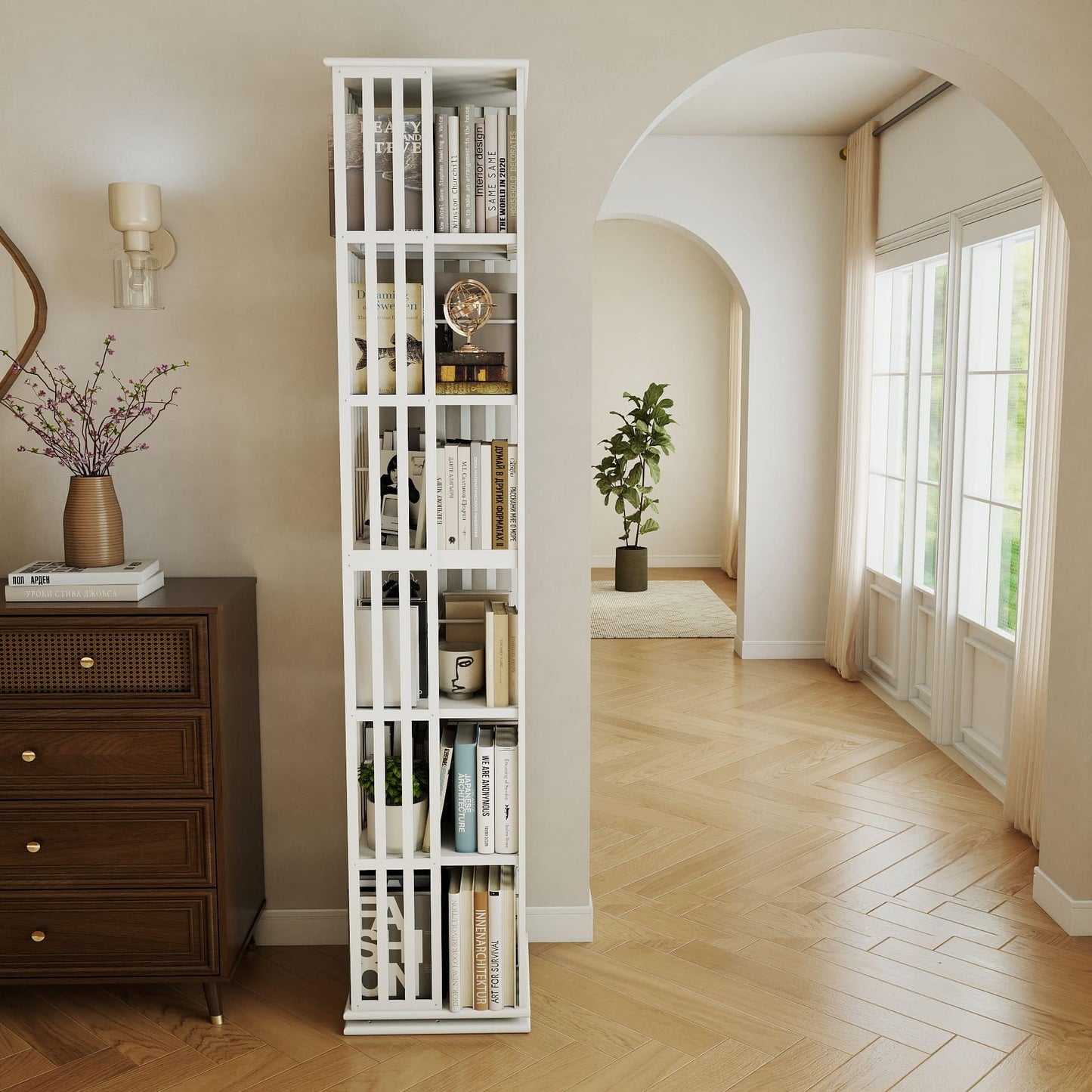 Raykion Rotating Bookshelf Tower, 6 Tier Bamboo Spinning Book Shelf, 360 Revolving Bookcase for Small Space Corner, Large Capacity Swivil Bookshelf for Living Room Bedroom Home Office, White