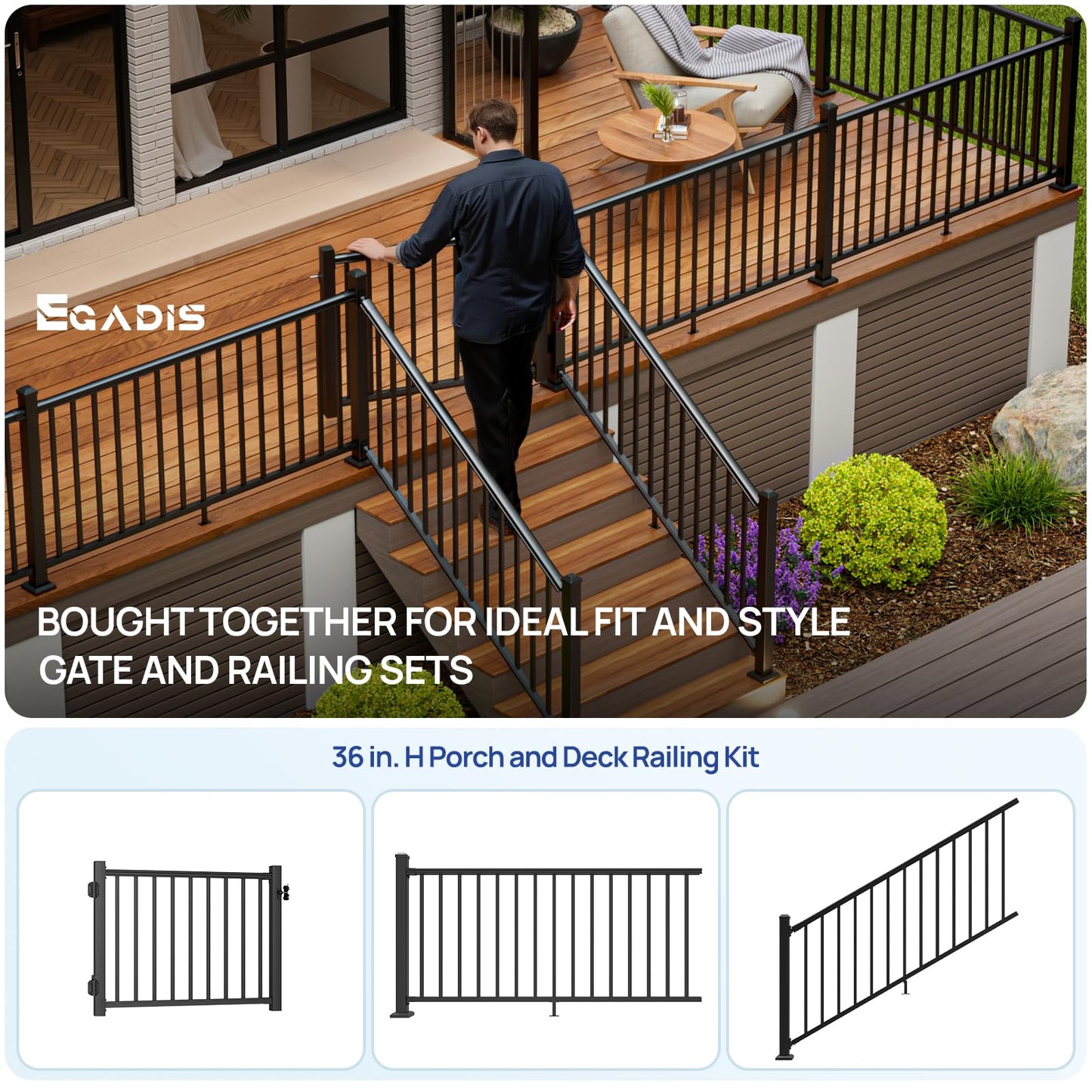 Egadis 4 ft. W Aluminum Deck Gate Kit for 36in. H Railing, Cuttable Black Textured AAMA2604 Powder-Coat Finish Outdoor Gate Kit with Latch and Auto-Closing Hinge for Deck, Patio, Garden, Yard, Porch