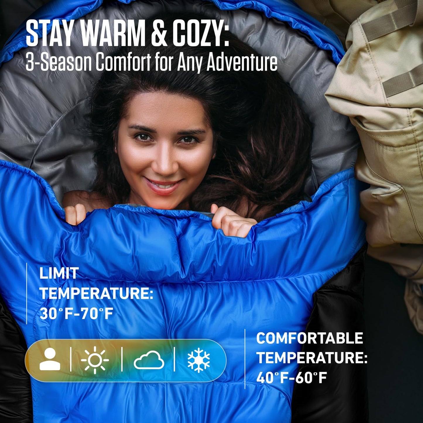 VENTURE 4TH 3-Season XXL Backpacking Sleeping Bag, Camping Sleeping Bags for Adults & Kids - Lightweight, Comfortable, Water Resistant, Ideal for Hiking, Camping & Outdoor – Blue/Black