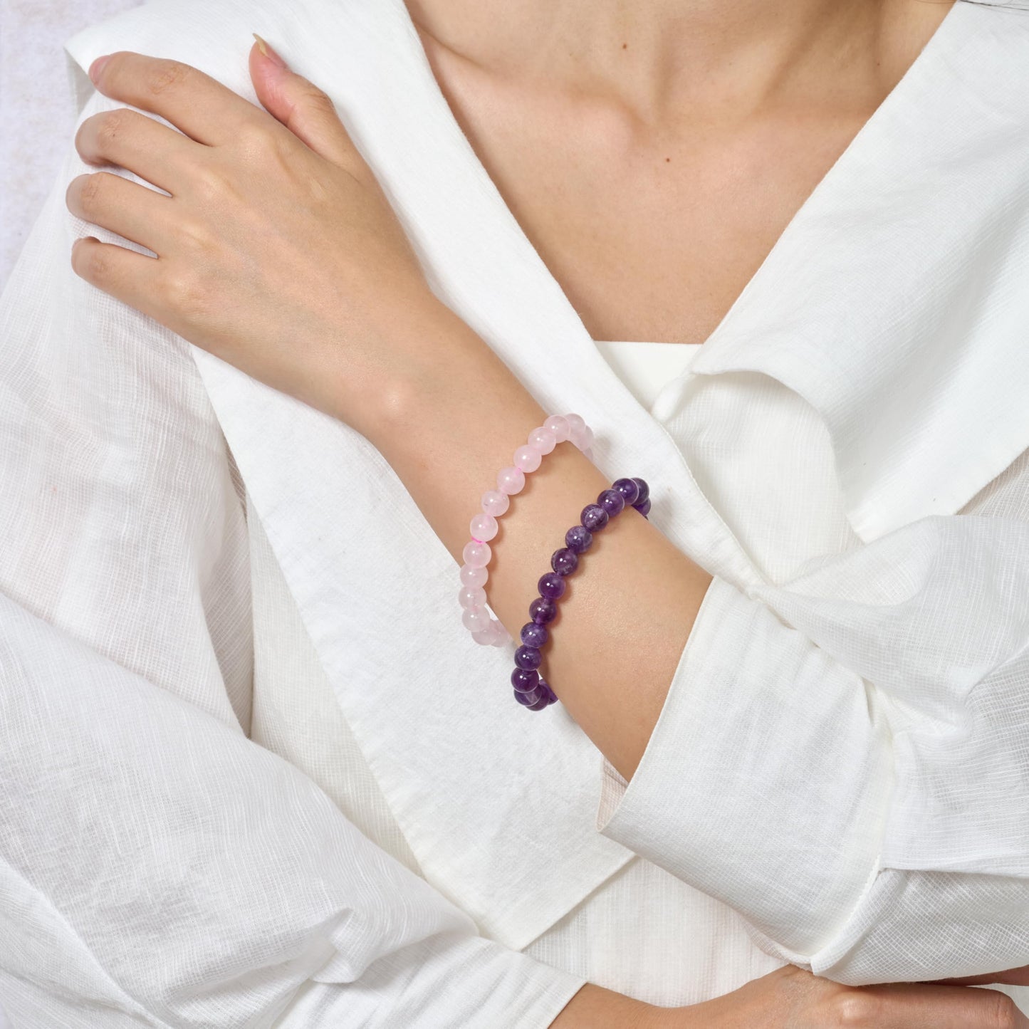 Bivei 2-Piece 4mm Beaded Bracelets for Women – Amethyst, Rose Quartz – Handmade Natural Crystal Stretch Elastic Jewelry for Meditation, Yoga, Protection Gifts