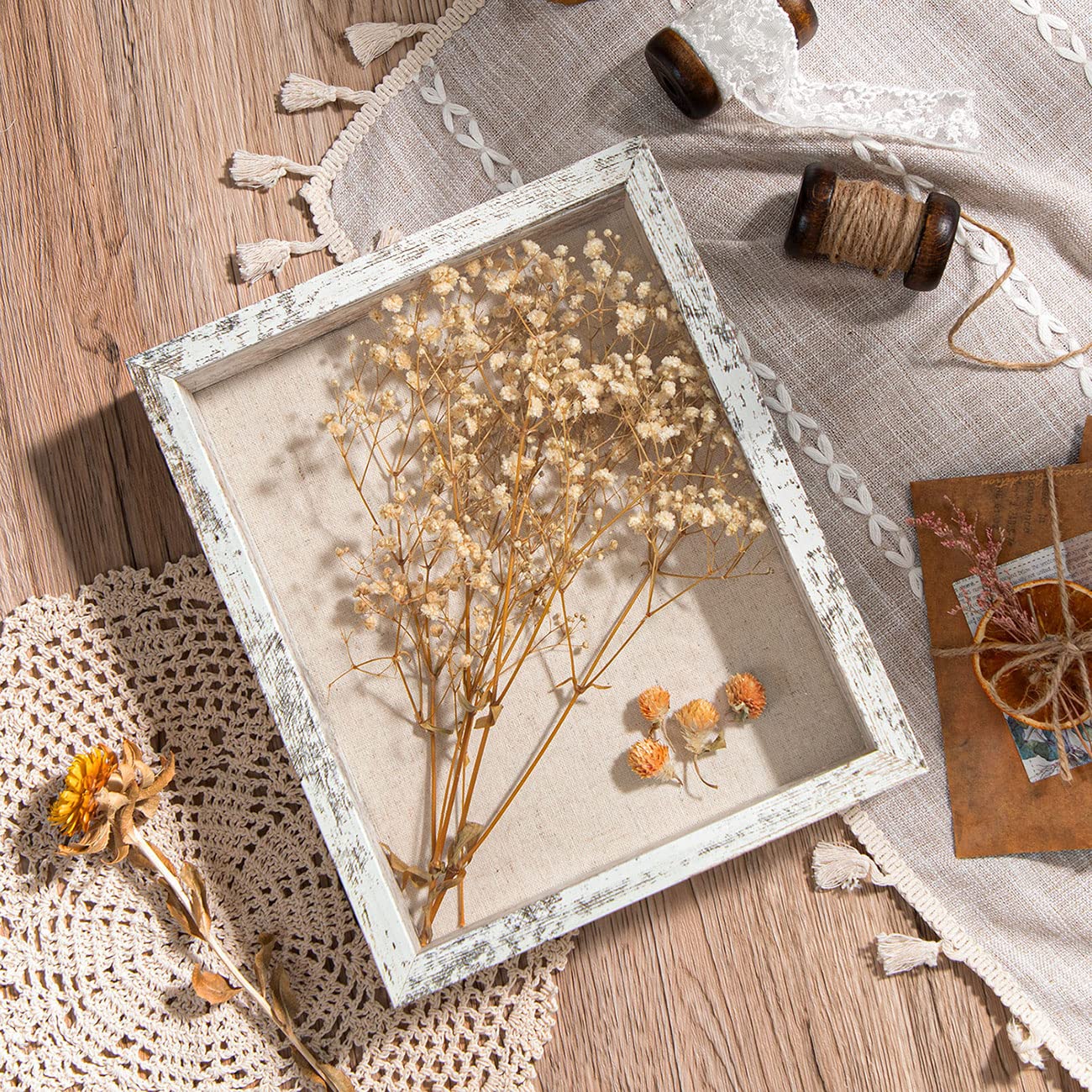 Califortree 8x10 Shadow Box Frame with Linen Back - Real Glass, Push Pins Included, Sturdy Rustic Memory Display Case, Fits 6.8x8.8 Inserts, Distressed White