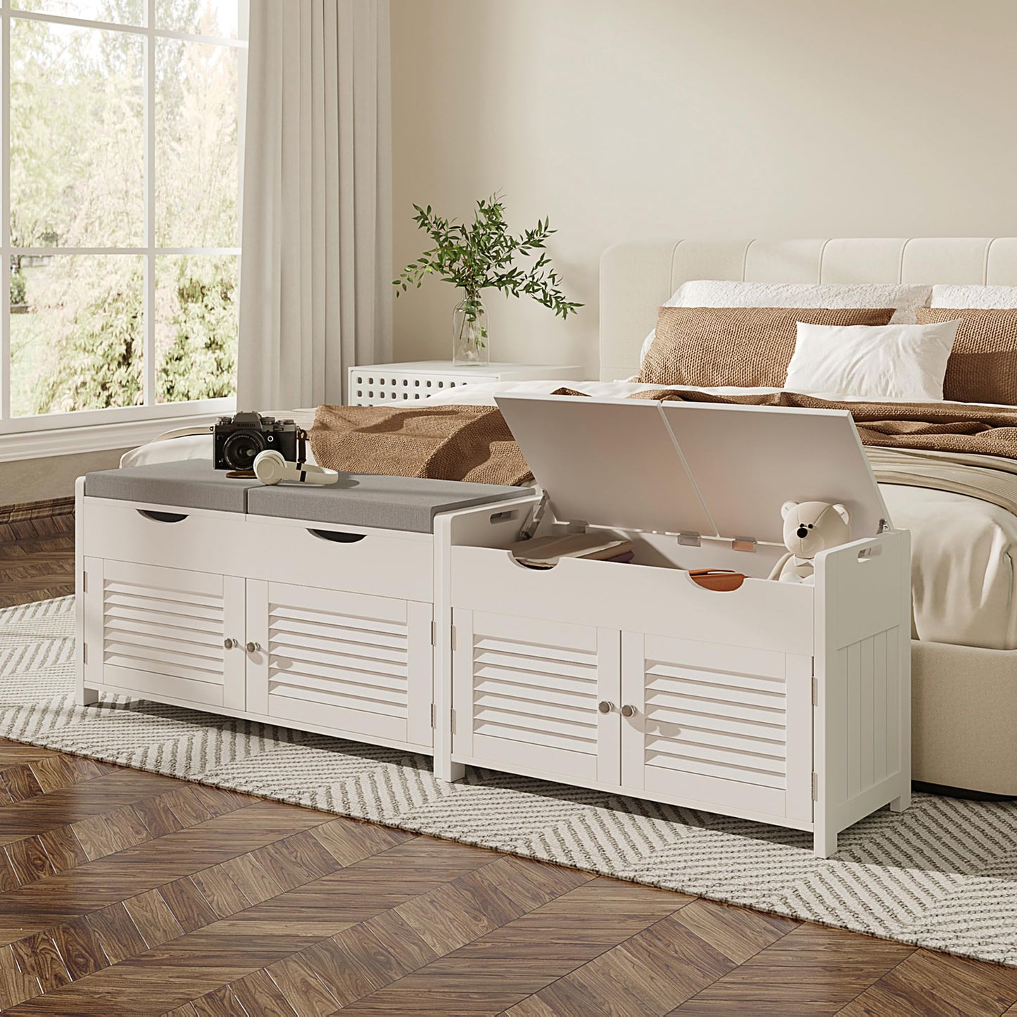ChooChoo Shoe Storage Bench with Lift Top Storage, Entryway Bench with 2 Cushioned Seats, 3 Compartments, Adjustable Shelf, Shoe Cabinet for Entryway, Bedroom, Living Room, White