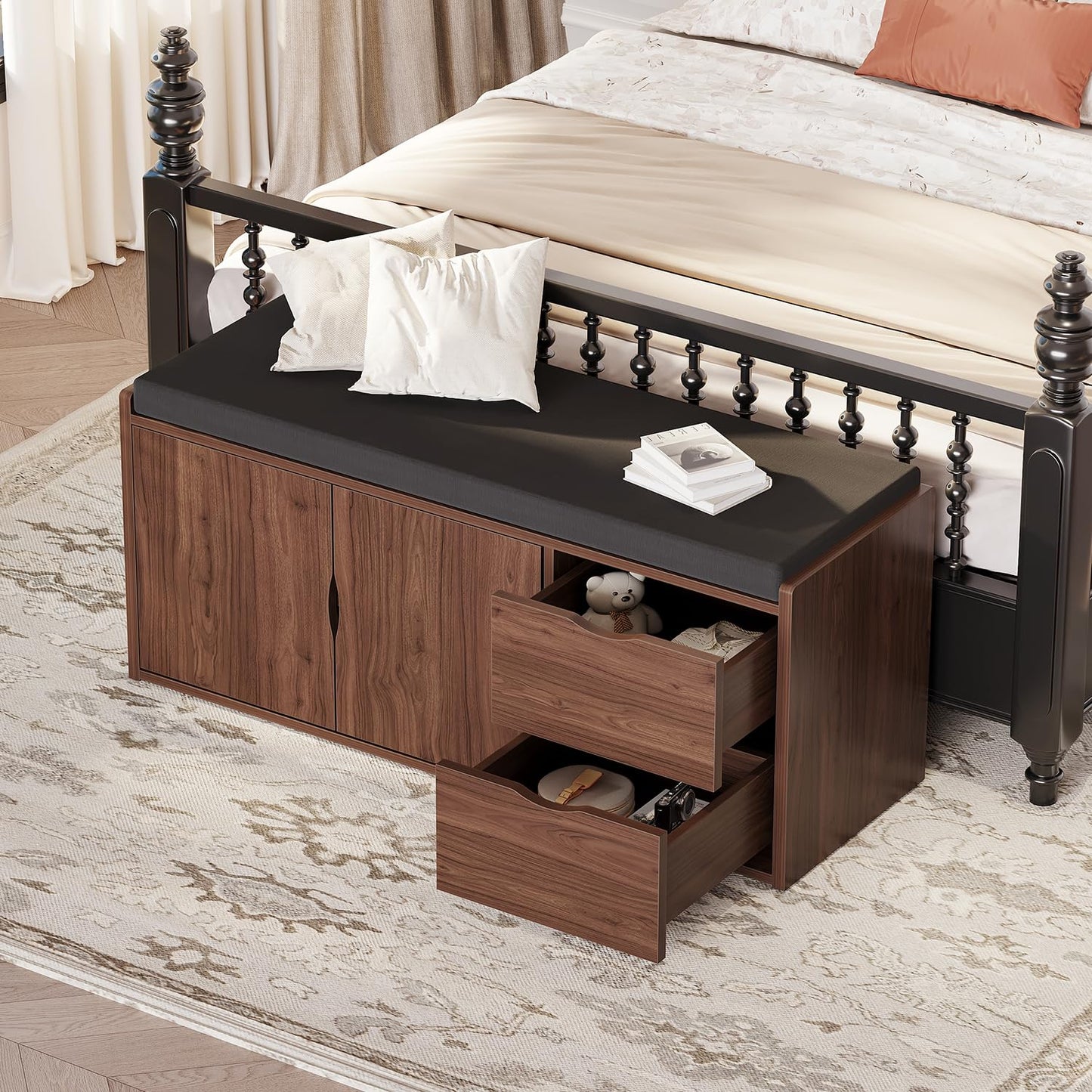 LVB 40” Entryway Storage Bench with Padded Seat Cushion, Wood Hidden Shoe Organizer Bench with 2 Drawers Cabinet, Industrial Shoe Bench for Foyer Entrance Living Bedroom, Walnut Oak, 40 inch