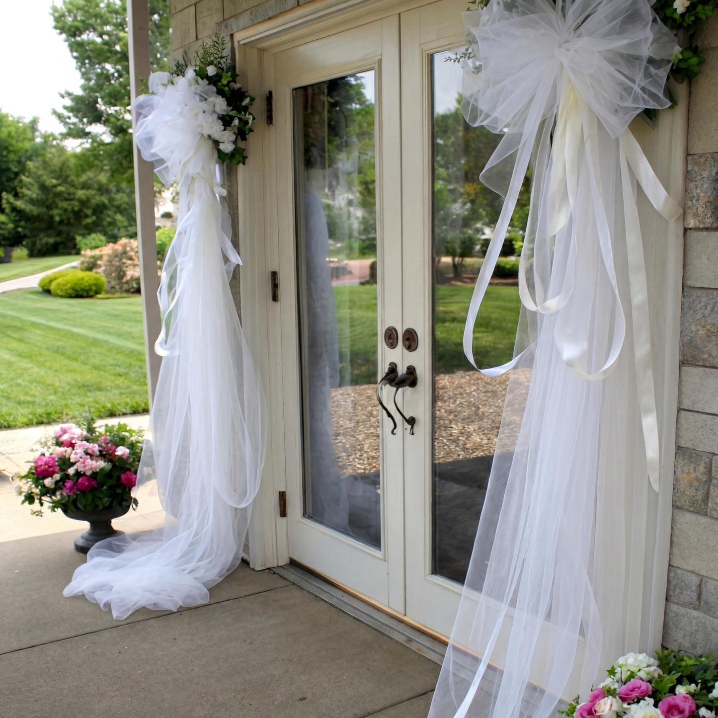 Thiccywoov 2 Pcs Giant White Bow Decor 91 x 16 Inch White Tulle Wedding Front Door Bows Backdrop for Wedding Bridal Shower Birthday Party Room Wall Decor Reception Birthday Anniversary