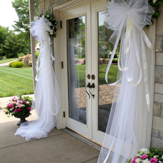Thiccywoov 2 Pcs Giant White Bow Decor 91 x 16 Inch White Tulle Wedding Front Door Bows Backdrop for Wedding Bridal Shower Birthday Party Room Wall Decor Reception Birthday Anniversary