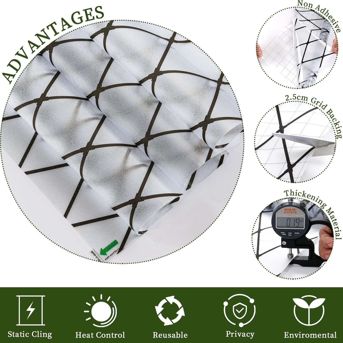 VELIMAX Frosted Black Lattice Window Film Static Cling Window Privacy Films Decorative Glass Vinyl Film for Windows Removable Sun Blocking Anti-UV 17.7x78.7 inches