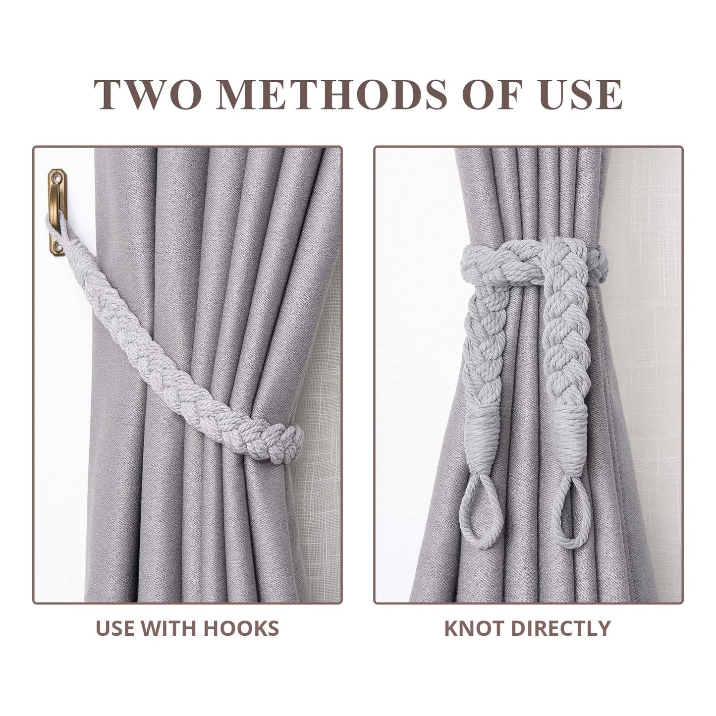 NICEEC 2 Pack Natural Cotton Rope Curtain Tiebacks Elegant Boho Style Decorative Drape Tie Backs Soft Hand-Woven Rope Curtain Holdbacks with Metal Hook for Home & Office Drapery (Light Grey)