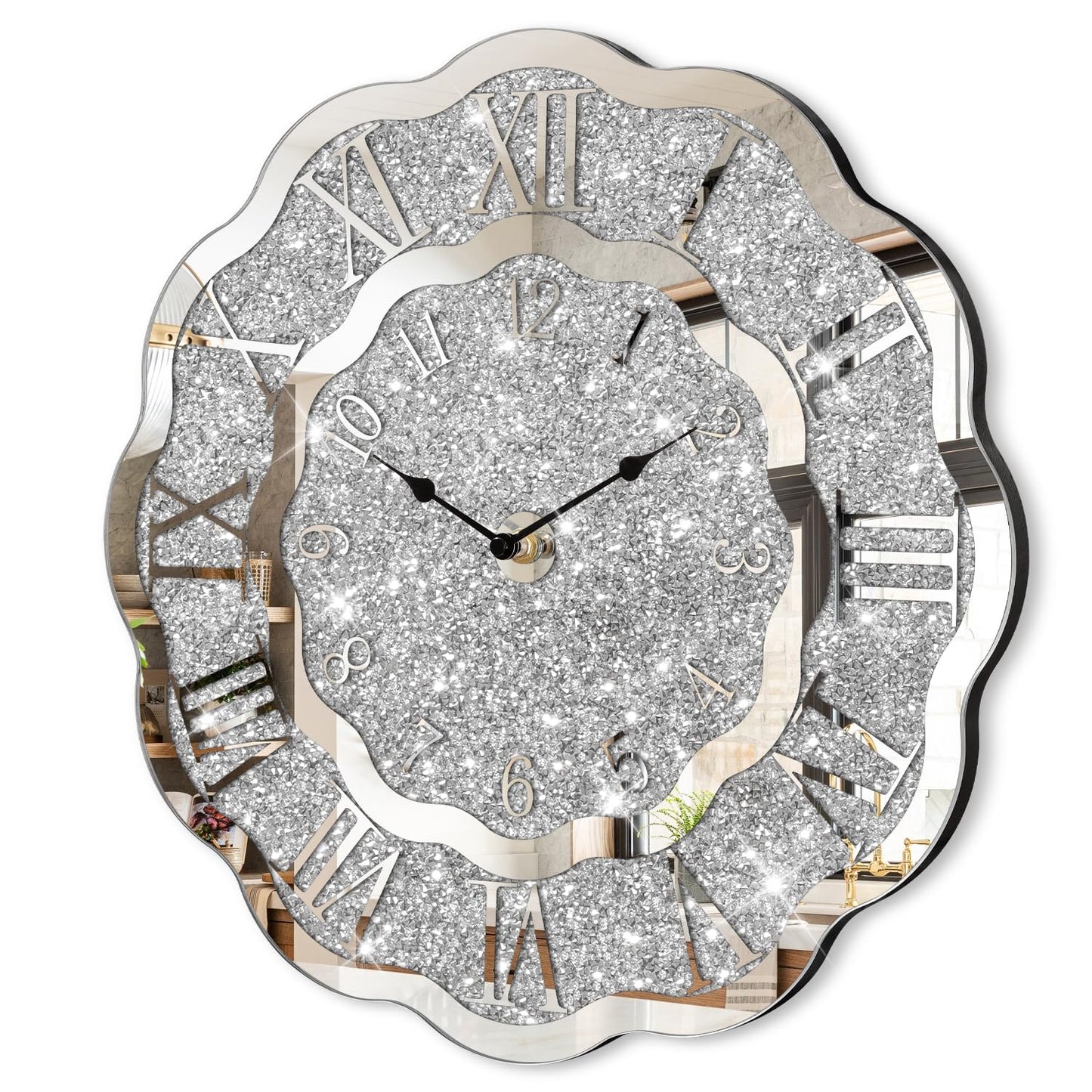 FEUFOAM Crushed Diamond Mirrored Wall Clock Silver Modern Crystal Clocks for Bedroom Unique Home Decorative Glass Mirror Hanging Clock for Living Room Office Dining Decor