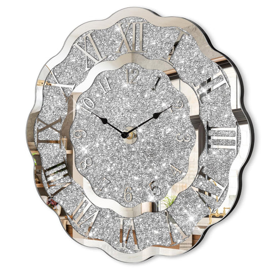 FEUFOAM Crushed Diamond Mirrored Wall Clock Silver Modern Crystal Clocks for Bedroom Unique Home Decorative Glass Mirror Hanging Clock for Living Room Office Dining Decor