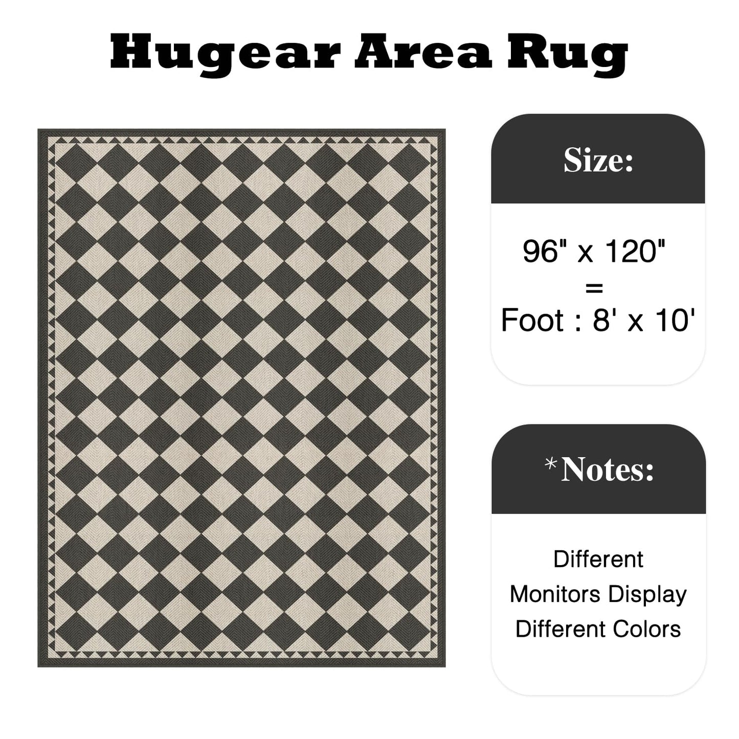 HUGEAR 8x10 Outdoor Rug Black/Beige Linen-Look Fabric Checkered Area Rug High Traffic Stain Resistant Easy Clean Durable Rugs for Indoor/Outdoor Patio Deck Balcony Porch Garden Courtyard