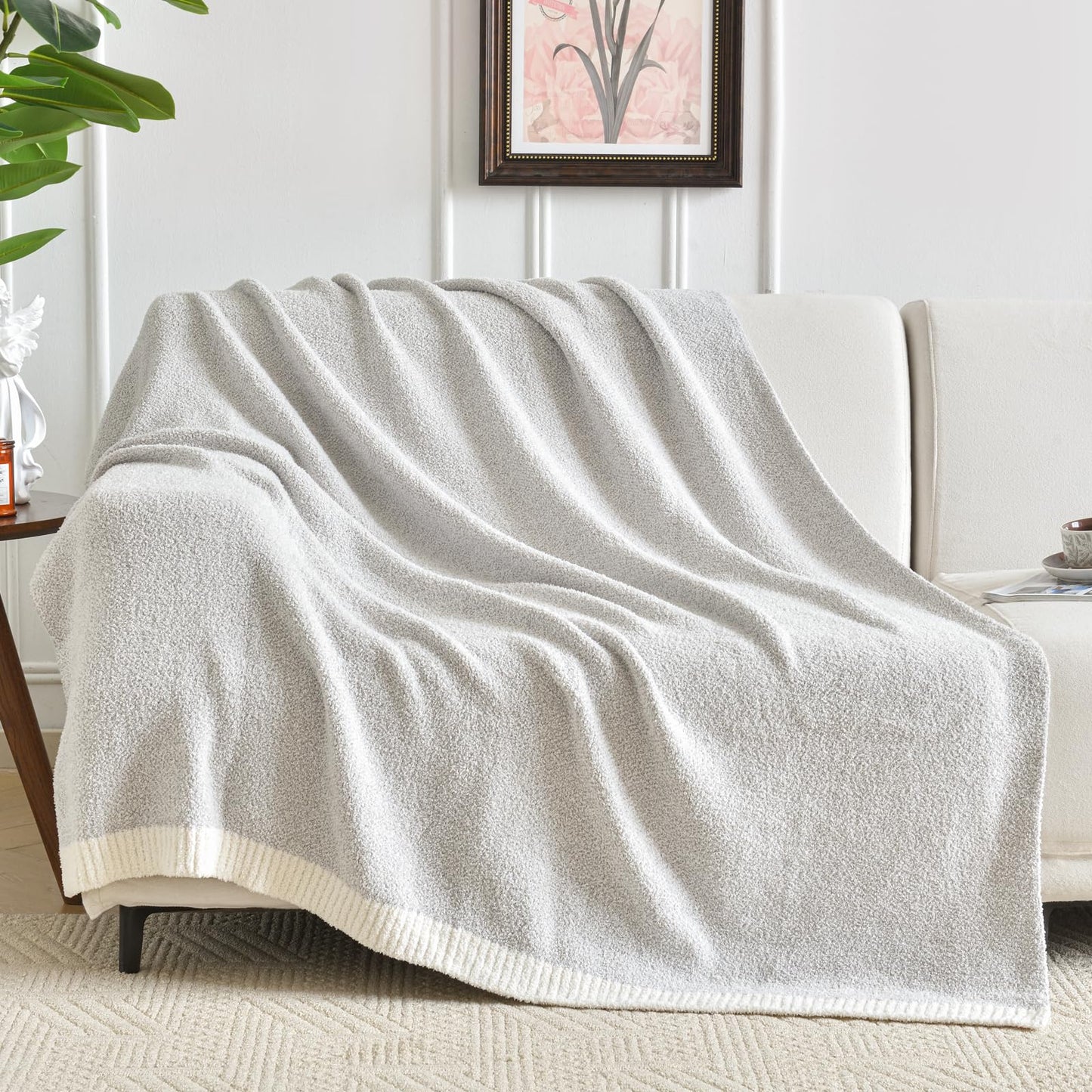 Chunky Knit Boucle Throw Blanket, Soft Washable Coastal Blanket for Bed Couch, Lightweight Cozy Oversized Feather Knit Blanket Indoor Outdoor for Sofa (Grey, Throw 50"x60")