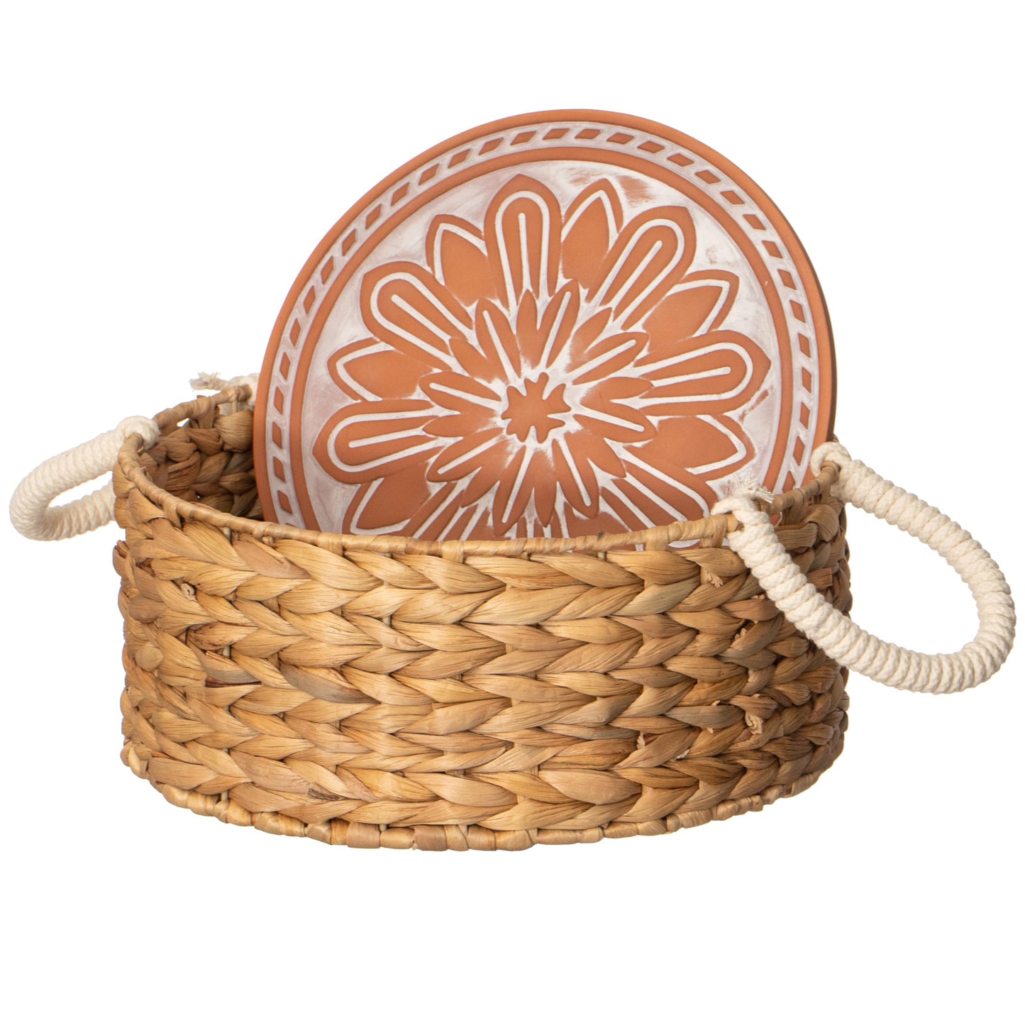 Vintiquewise Handwoven Wicker Bread Basket with Terracotta Stone Warmer & Rope Handles for Kitchen Dining Table & Home Party Use Ideal for Sourdough Bread Rolls Snacks & Baked Goods, Floral Design