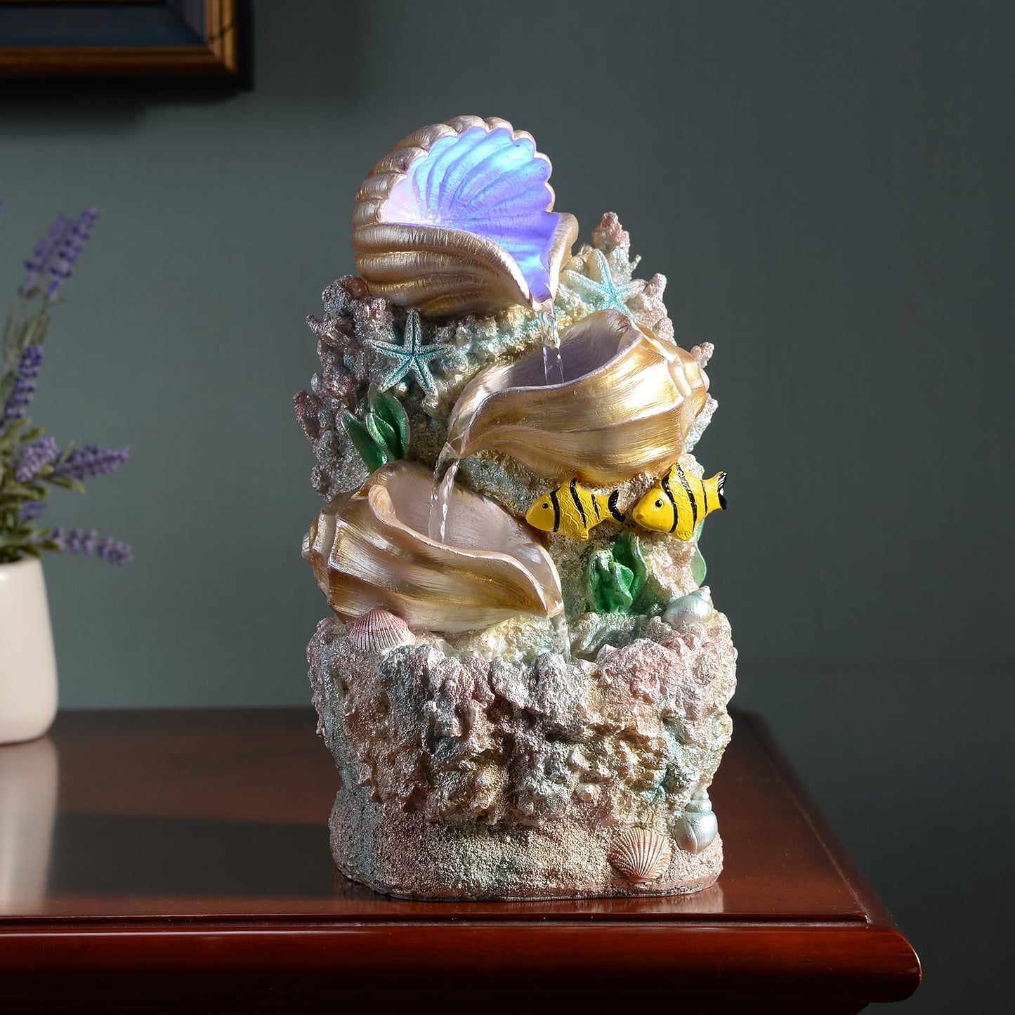 GOSSI Themed Coral Shell Fountain Tabletop Home Décor Indoor Desktop Fountains Perfect for Zen Waterfall Meditation Waterfall Decor Fountain with LED Lights(23037)