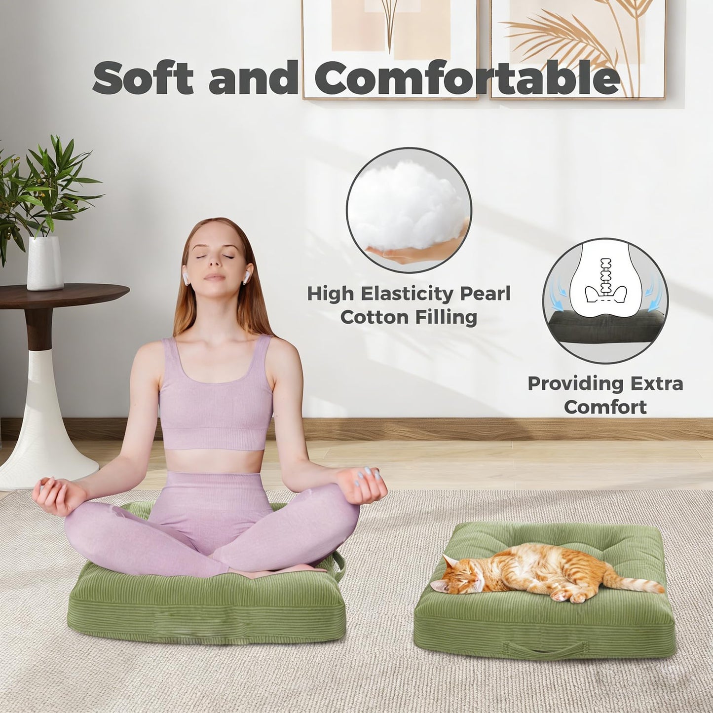 Cyditan Beige Floor Cushion Floor Sitting Cushions Tufted Velvet Portable Seat Cushions with Handle, 18x18 Inch Set of 2, Machine Washable Chair Pads for Kitchen Dining Room Patio Seats