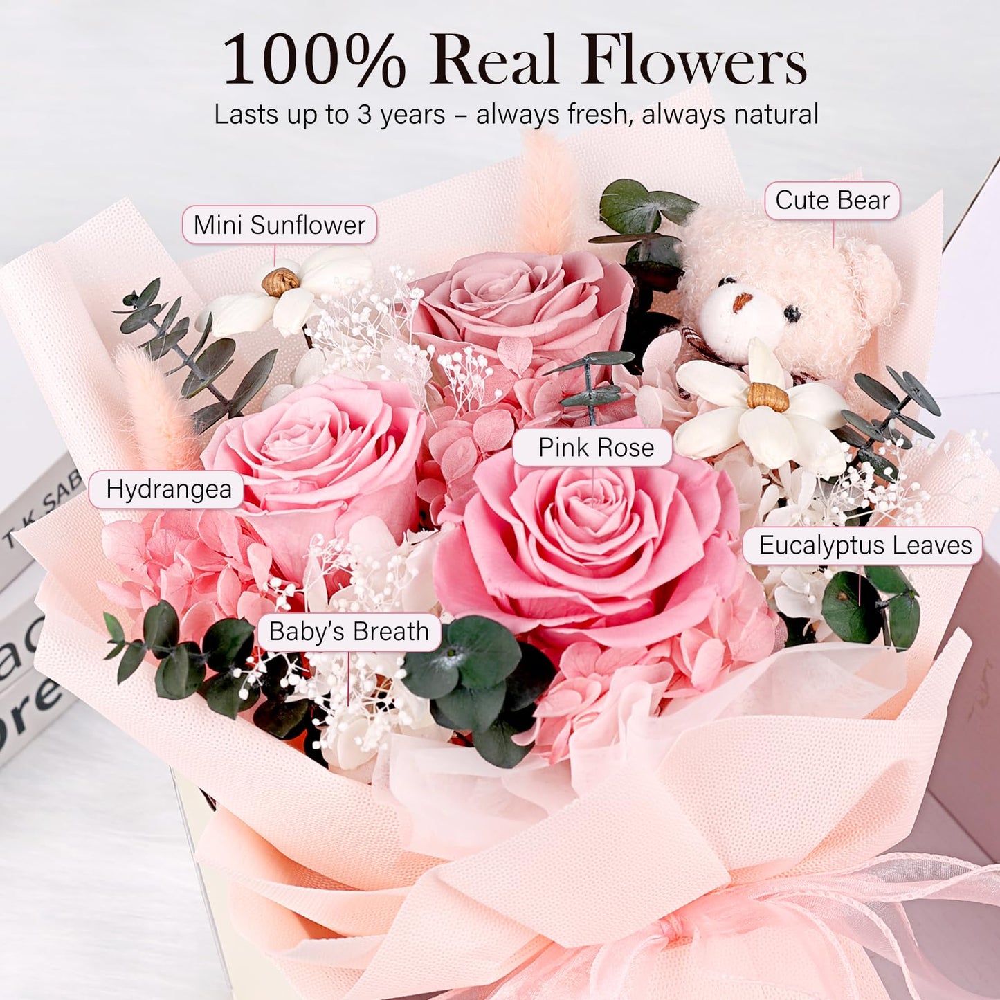 Preserved Flowers Bouquet with Bear, 3 Real Forever Flowers for Delivery, Long-Lasting Pink Eteranl Roses Bouquet, Mothers Day Gifts for Mom Grandma, Anniversary Birthday Gifts for Women Girlfriend