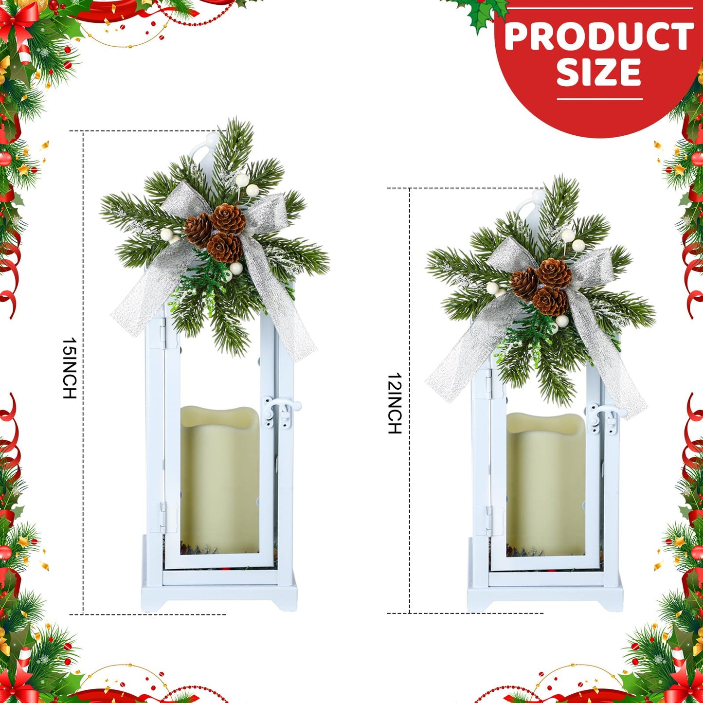 Baquler White 2 Pcs Christmas Metal Candle Lantern and LED Fake Candles 12'' and 15'' Decorative Lanterns with Xmas Ornament Porch Lanterns Indoor Outdoor Decoration Party Gift