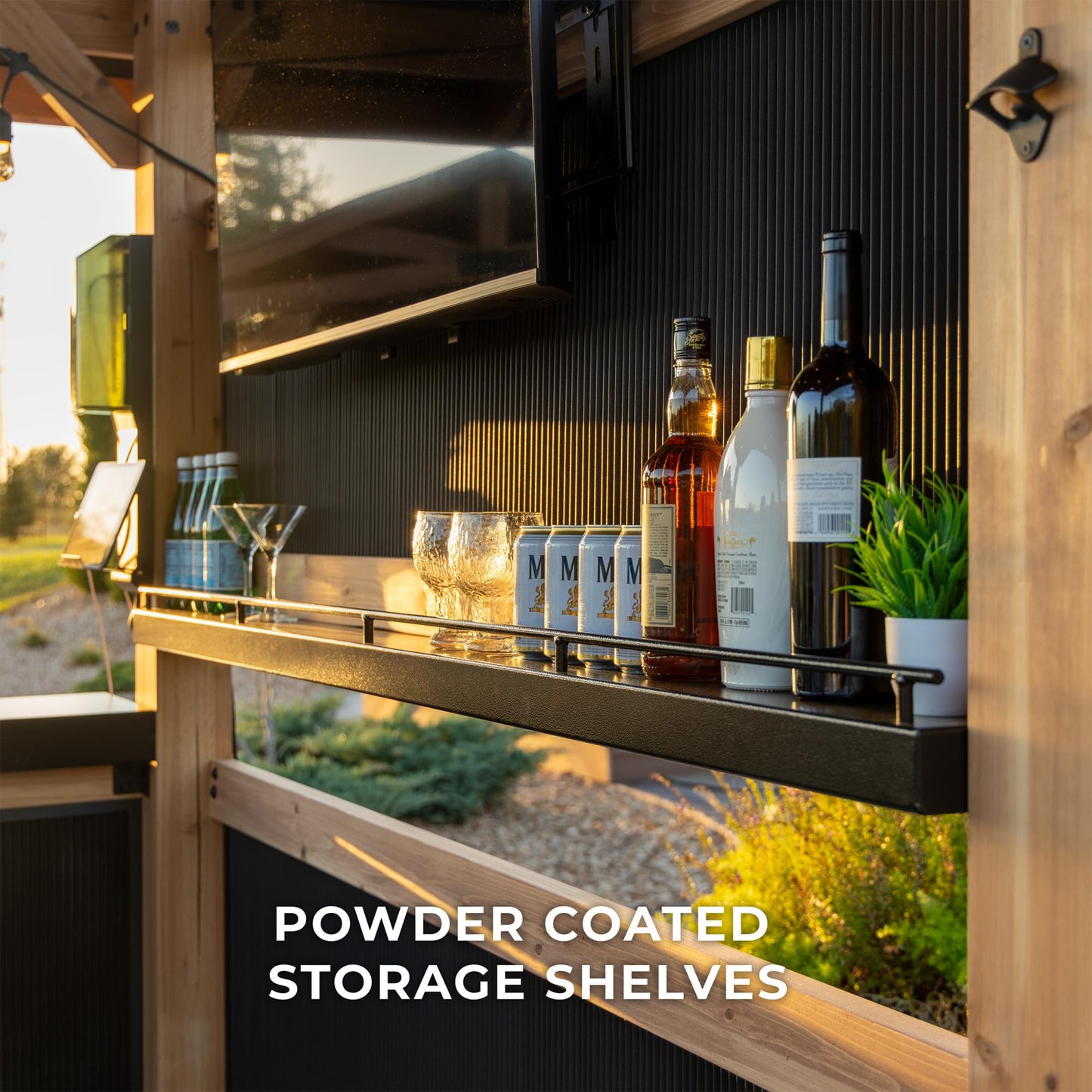 Backyard Discovery Palisade 9' x 6' Cedar Wood Outdoor Bar Set with Galvanized Steel Roof, Bar Top, Shelving, Snow Load Support, Wind Resistance, PowerPort for Patio, Deck, Entertaining