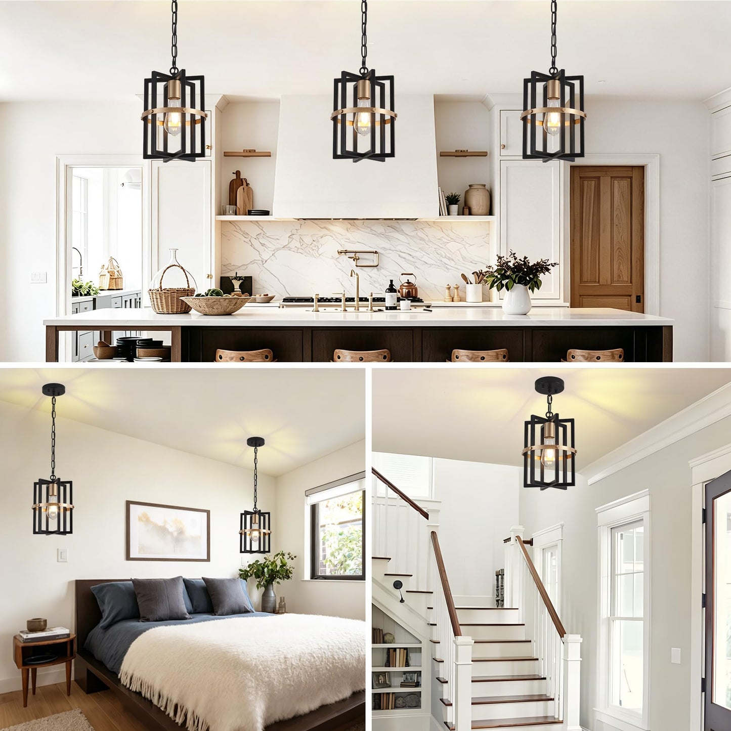 QMNHAU Black and Gold Chandelier Modern Pendant Light Fixtures Adjustable Farmhouse Pendant Lights Kitchen Island Hanging Light Fixture for Entryway Hallway Foyer Dining Room